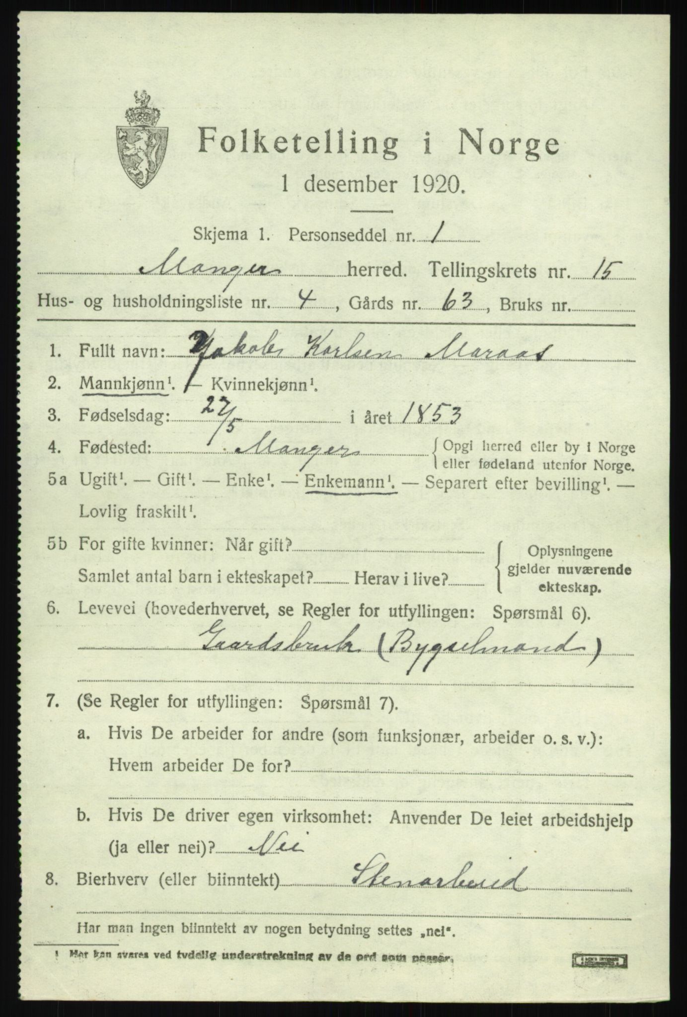 SAB, Folketelling 1920 for 1261 Manger herred, 1920, s. 8474