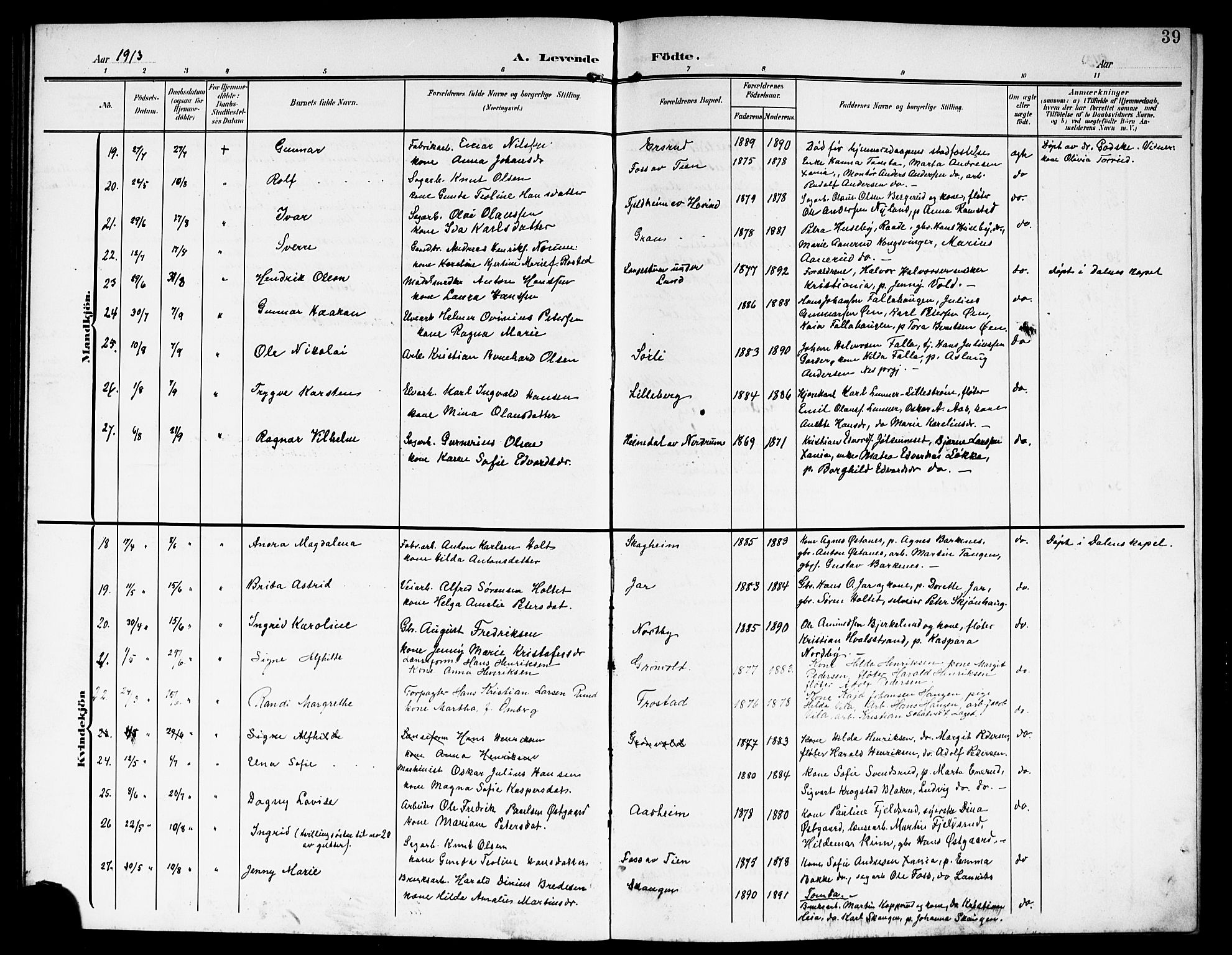 Fet prestekontor Kirkebøker, AV/SAO-A-10370a/G/Ga/L0008: Klokkerbok nr. I 8, 1907-1920, s. 39