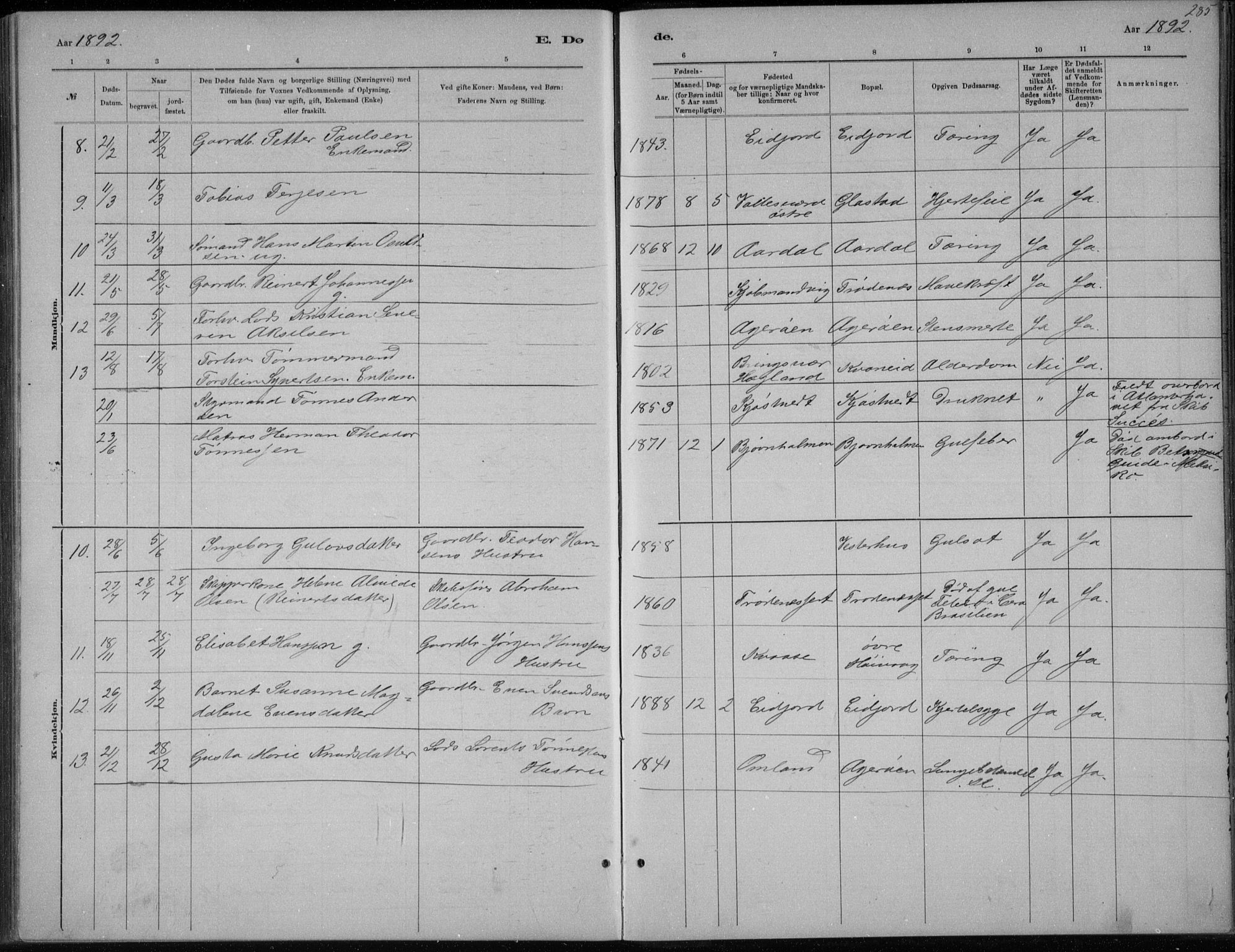 Høvåg sokneprestkontor, AV/SAK-1111-0025/F/Fb/L0004: Klokkerbok nr. B 4, 1883-1898, s. 285