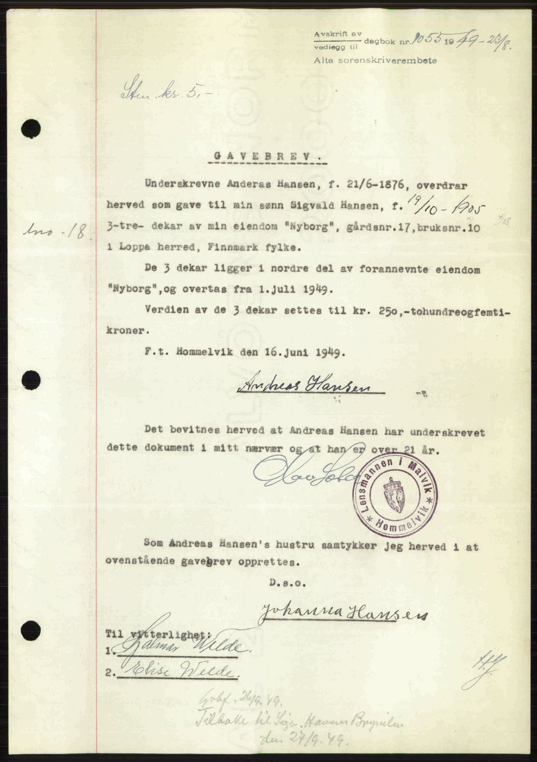 Alta fogderi/sorenskriveri, AV/SATØ-SATØ-5/1/K/Kd/L0038pantebok: Pantebok nr. 41-42, 1949-1950, Dagboknr: 1055/1949