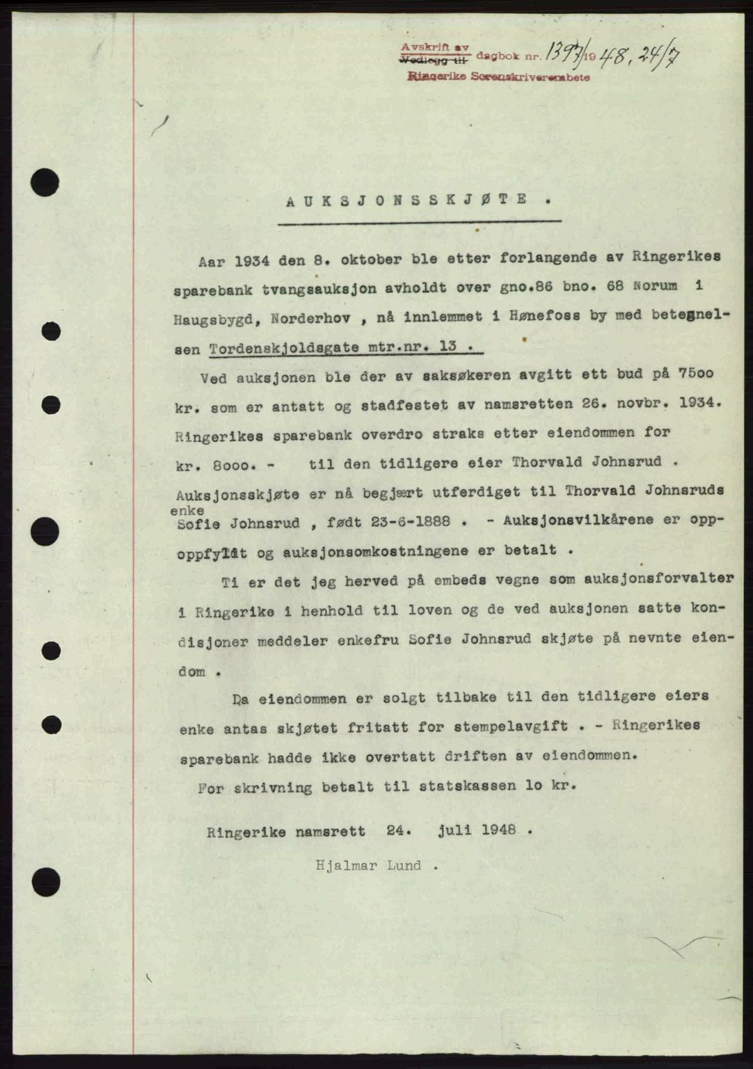 Ringerike sorenskriveri, SAKO/A-105/G/Ga/Gab/L0088: Pantebok nr. A-19, 1948-1948, Dagboknr: 1397/1948