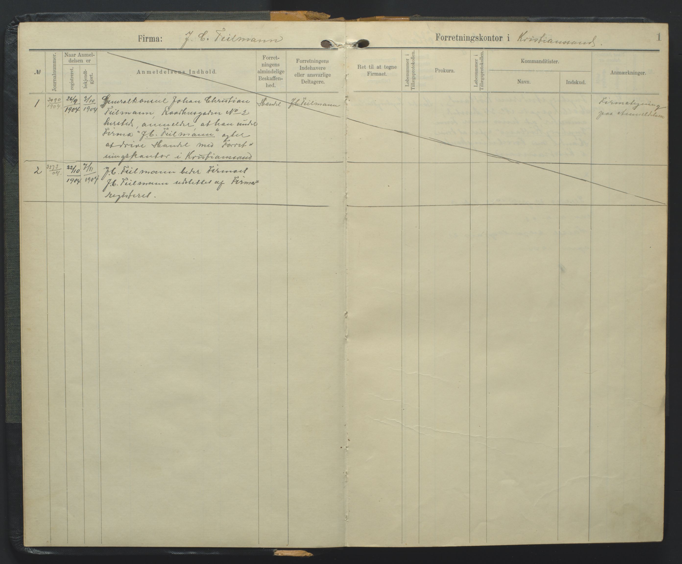 Kristiansand byrett, SAK/1223-0001/K/Kb/L0004: Handelsregister A III, 1904-1916, s. 1