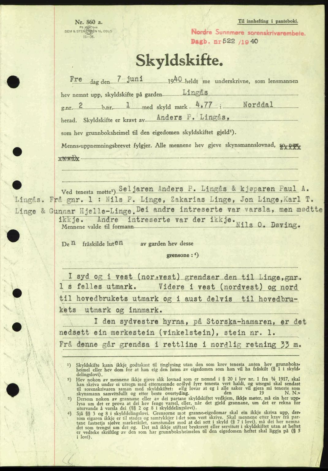 Nordre Sunnmøre sorenskriveri, AV/SAT-A-0006/1/2/2C/2Ca: Pantebok nr. A8, 1939-1940, Dagboknr: 522/1940