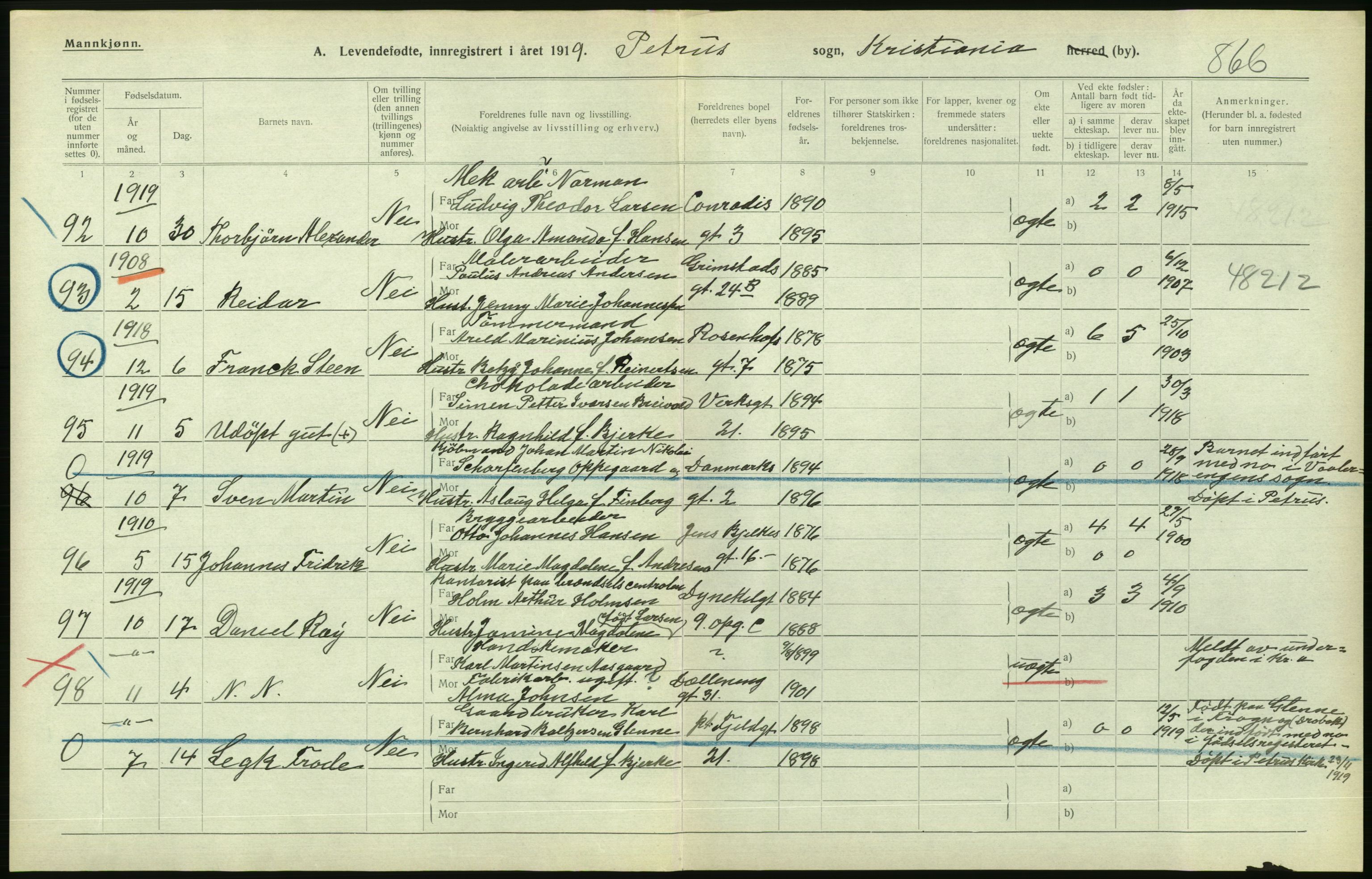 Statistisk sentralbyrå, Sosiodemografiske emner, Befolkning, AV/RA-S-2228/D/Df/Dfb/Dfbi/L0008: Kristiania: Levendefødte menn og kvinner., 1919