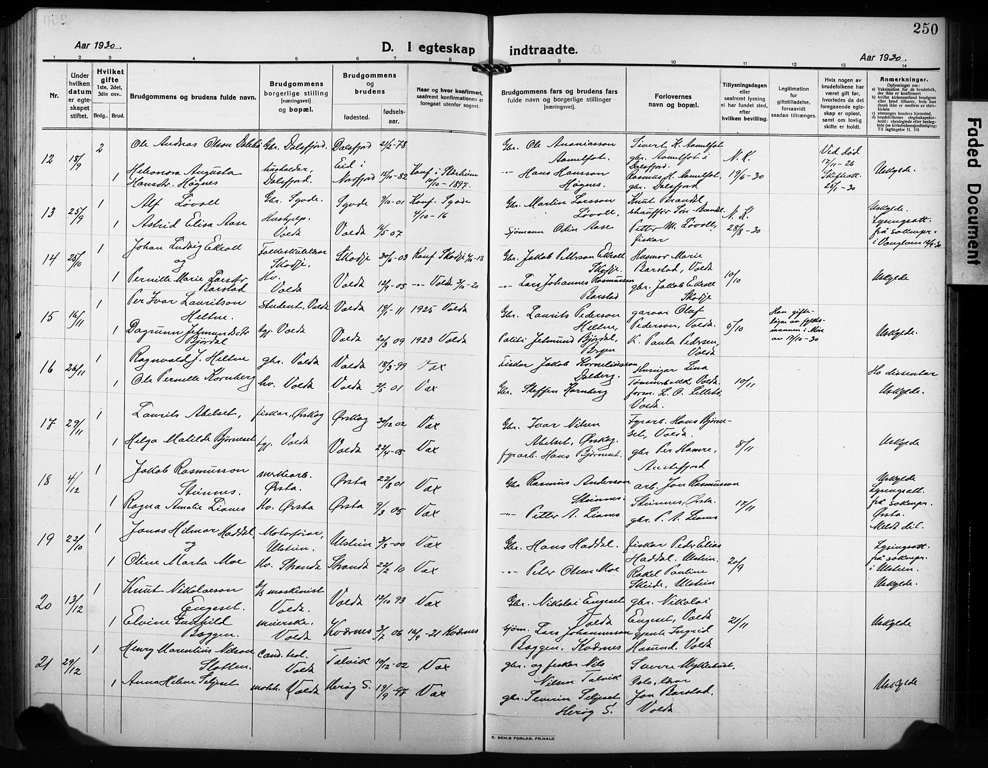 Ministerialprotokoller, klokkerbøker og fødselsregistre - Møre og Romsdal, AV/SAT-A-1454/511/L0160: Klokkerbok nr. 511C06, 1920-1932, s. 250