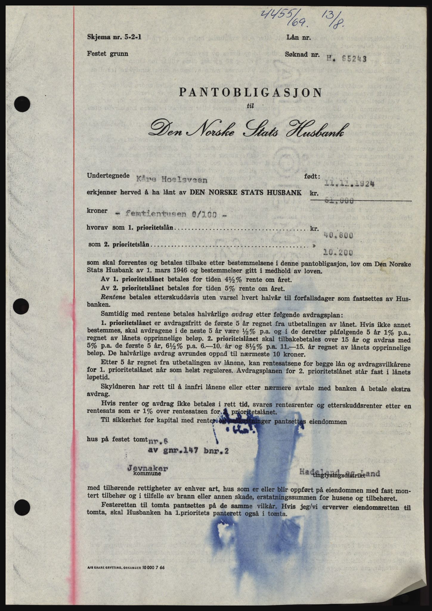 Hadeland og Land tingrett, SAH/TING-010/H/Hb/Hbc/L0074: Pantebok nr. B74, 1969-1969, Dagboknr: 4455/1969