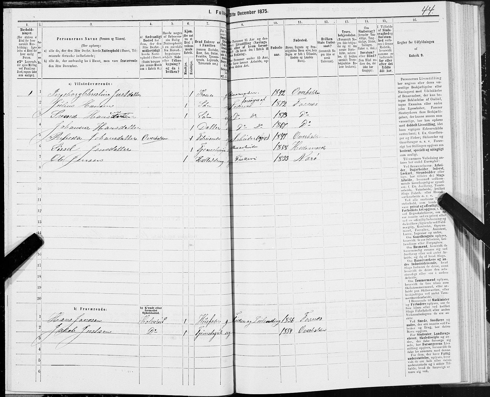 SAT, Folketelling 1875 for 1748P Fosnes prestegjeld, 1875, s. 1044