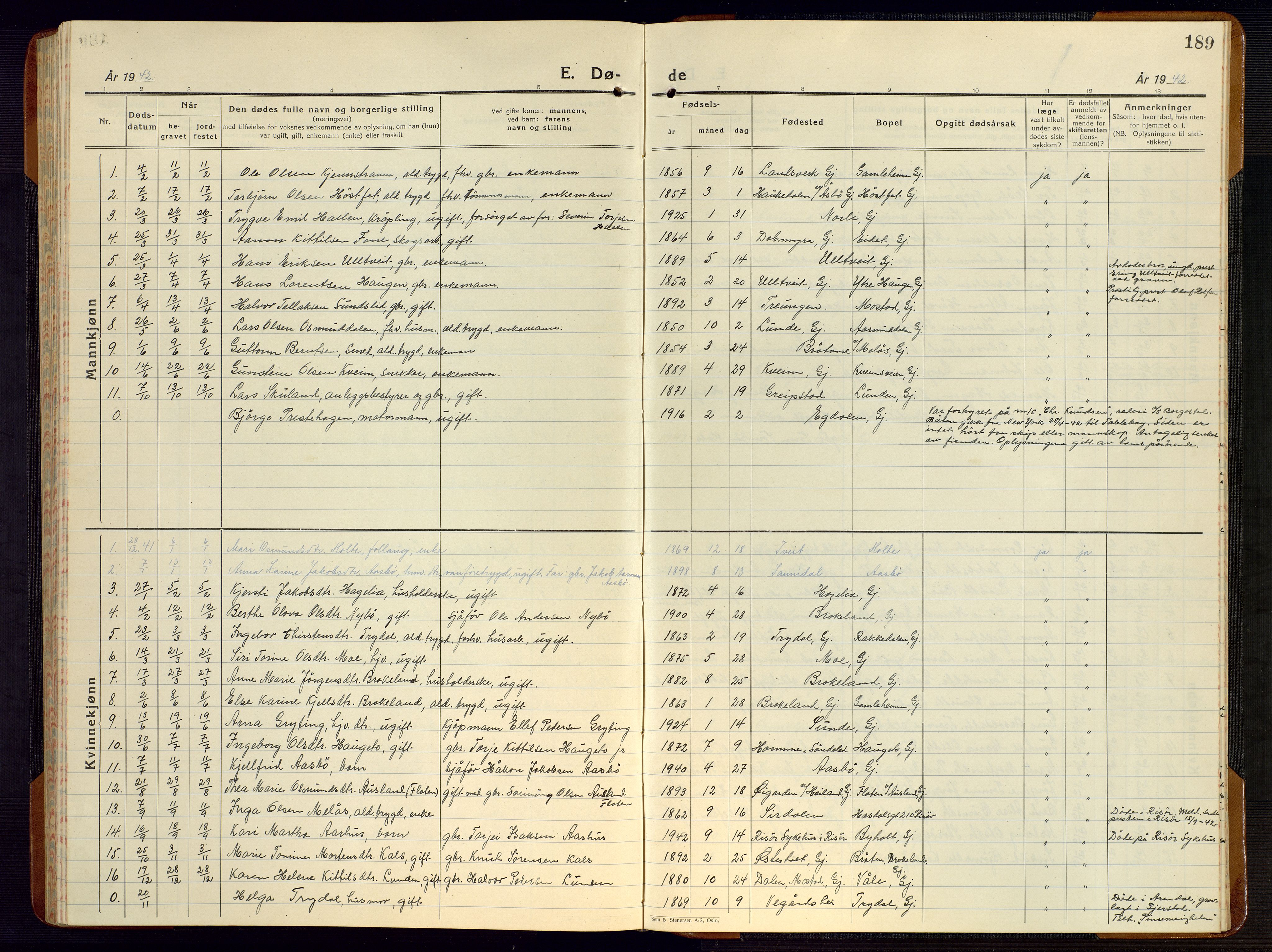 Gjerstad sokneprestkontor, SAK/1111-0014/F/Fb/Fba/L0009: Klokkerbok nr. B 9, 1925-1946, s. 189