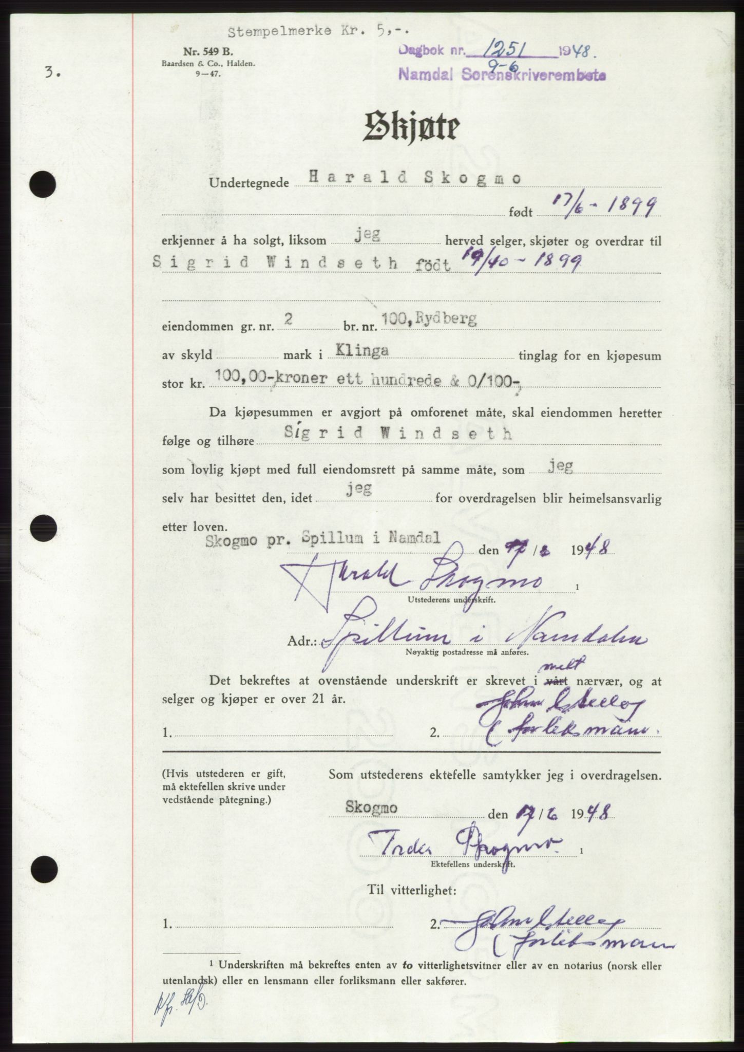 Namdal sorenskriveri, SAT/A-4133/1/2/2C: Pantebok nr. -, 1948-1948, Dagboknr: 1251/1948