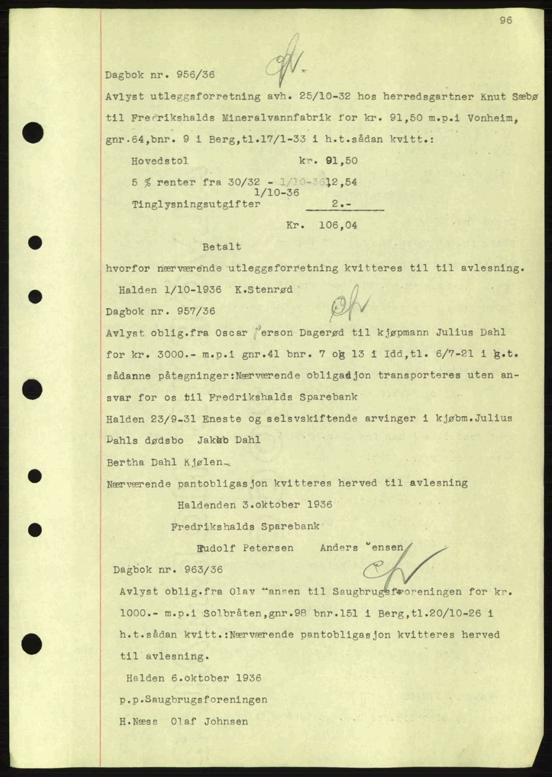 Idd og Marker sorenskriveri, AV/SAO-A-10283/G/Gb/Gbc/L0001: Pantebok nr. B1-3, 1936-1939, Dagboknr: 956/1936