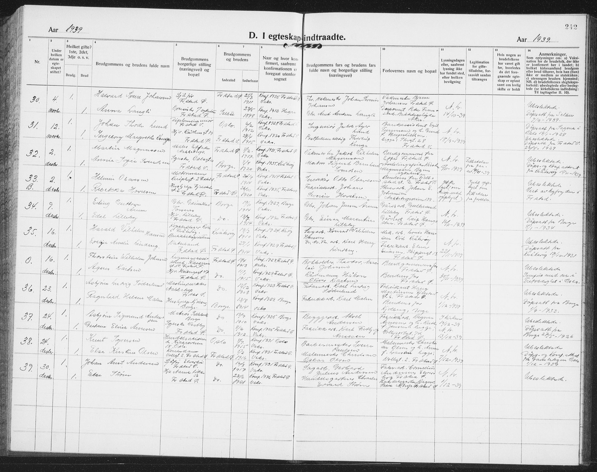 Østre Fredrikstad prestekontor Kirkebøker, AV/SAO-A-10907/G/Ga/L0003: Klokkerbok nr. 3, 1920-1940, s. 242