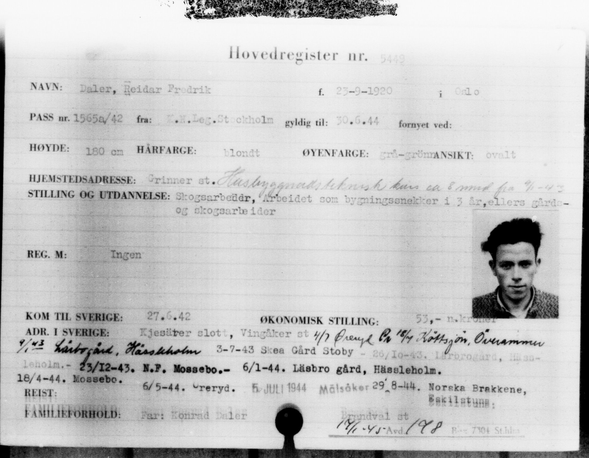 Utenriksstasjonene, Legasjonen i Stockholm, Flyktningkontoret, AV/RA-S-6753/V/Va/L0004: Kjesäterkartoteket, flyktninger med registreringsnr. 3496-6610, 1940-1945, s. 2252
