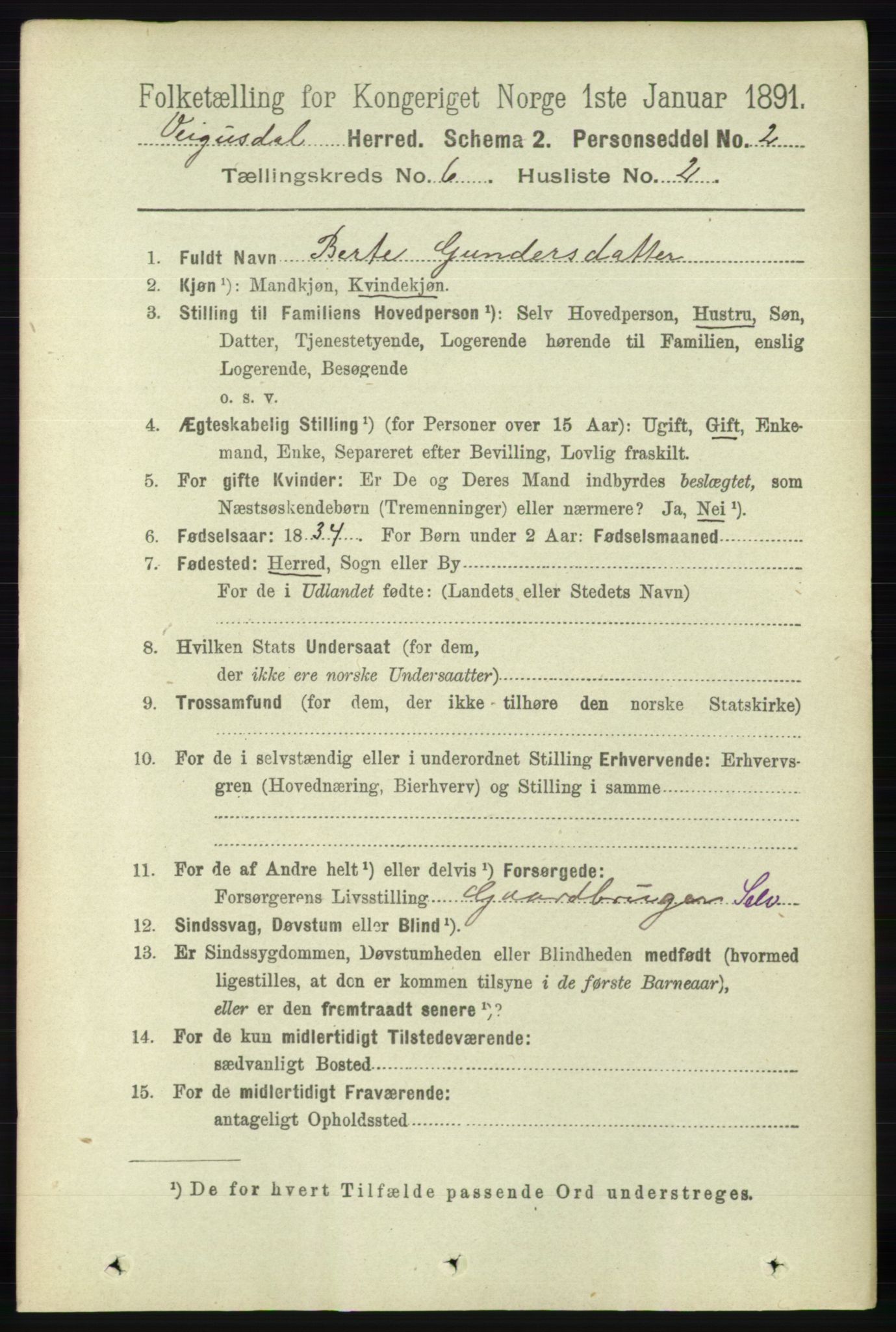 RA, Folketelling 1891 for 0934 Vegusdal herred, 1891, s. 1087