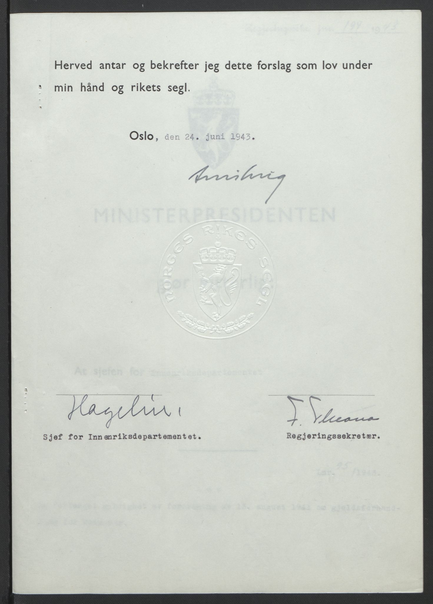 NS-administrasjonen 1940-1945 (Statsrådsekretariatet, de kommisariske statsråder mm), AV/RA-S-4279/D/Db/L0099: Lover, 1943, s. 435