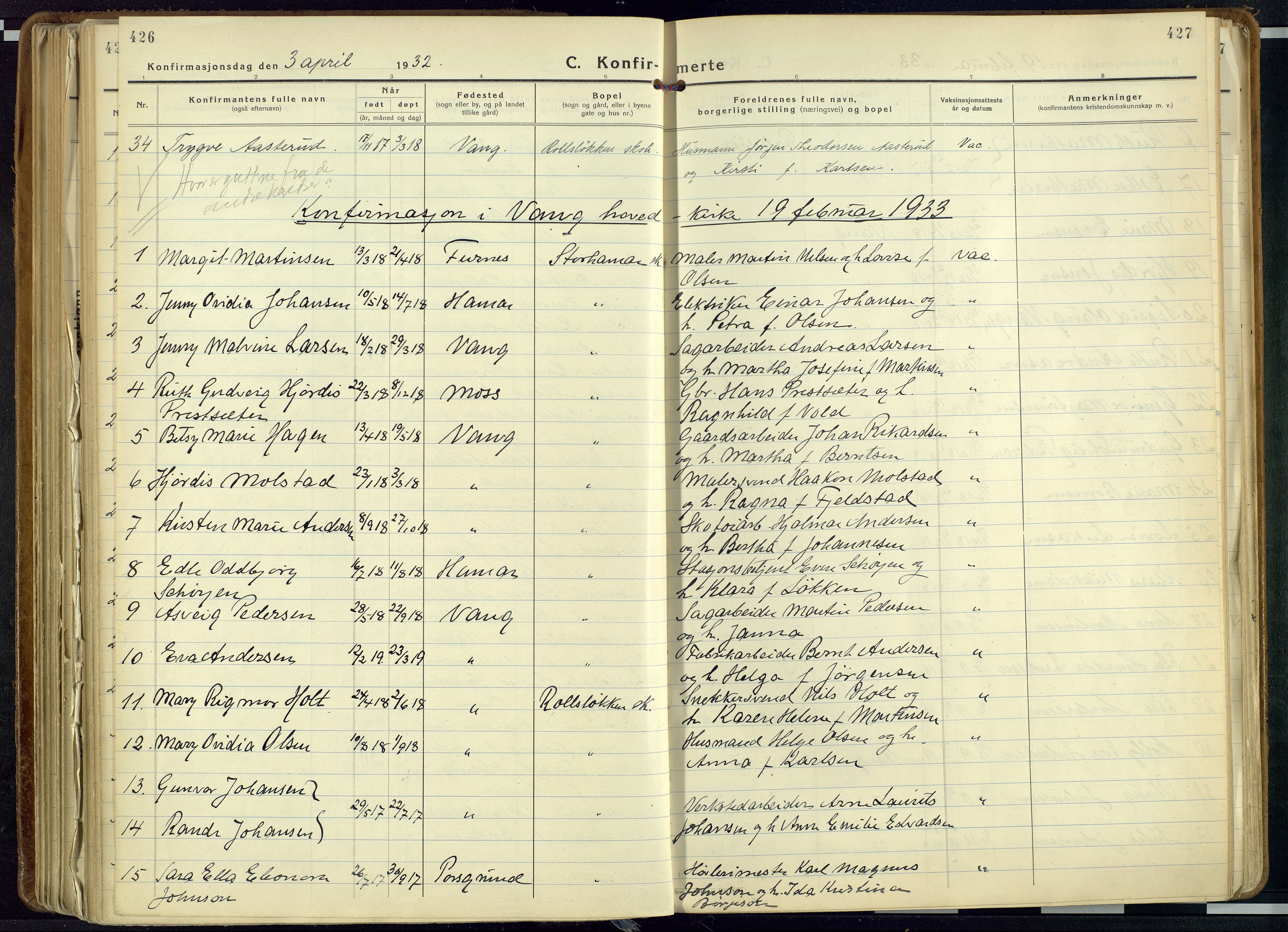 Vang prestekontor, Hedmark, AV/SAH-PREST-008/H/Ha/Haa/L0023: Ministerialbok nr. 23, 1932-1957, s. 426-427