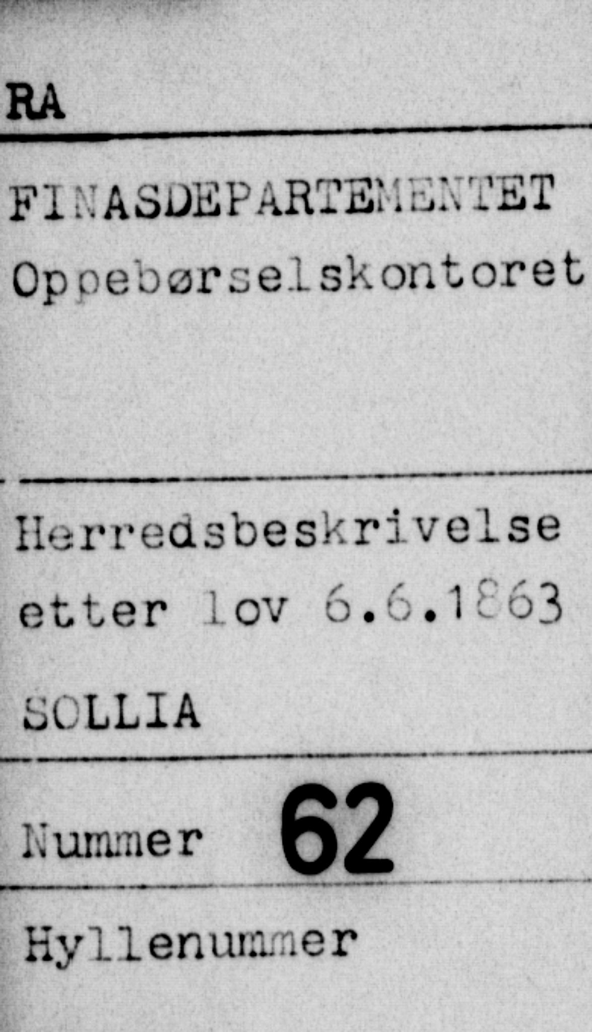 Matrikkelrevisjonen av 1863, AV/RA-S-1530/F/Fe/L0062: Sollia, 1863