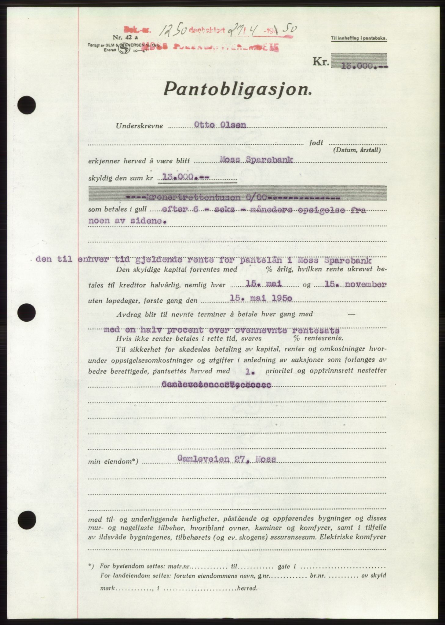 Moss sorenskriveri, AV/SAO-A-10168: Pantebok nr. B24, 1950-1950, Dagboknr: 1250/1950