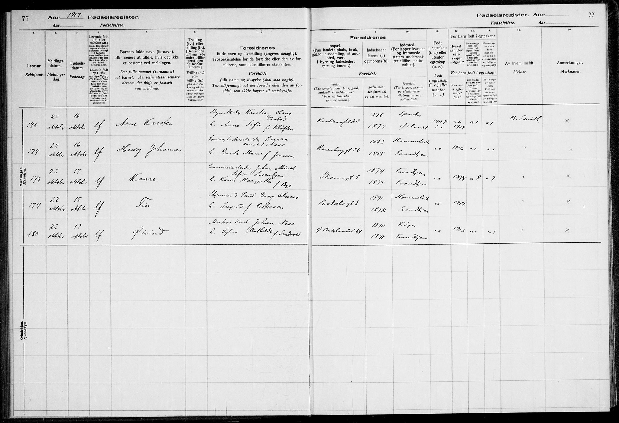 Ministerialprotokoller, klokkerbøker og fødselsregistre - Sør-Trøndelag, AV/SAT-A-1456/600/L0002: Fødselsregister nr. 600.II.4.1, 1916-1920, s. 77