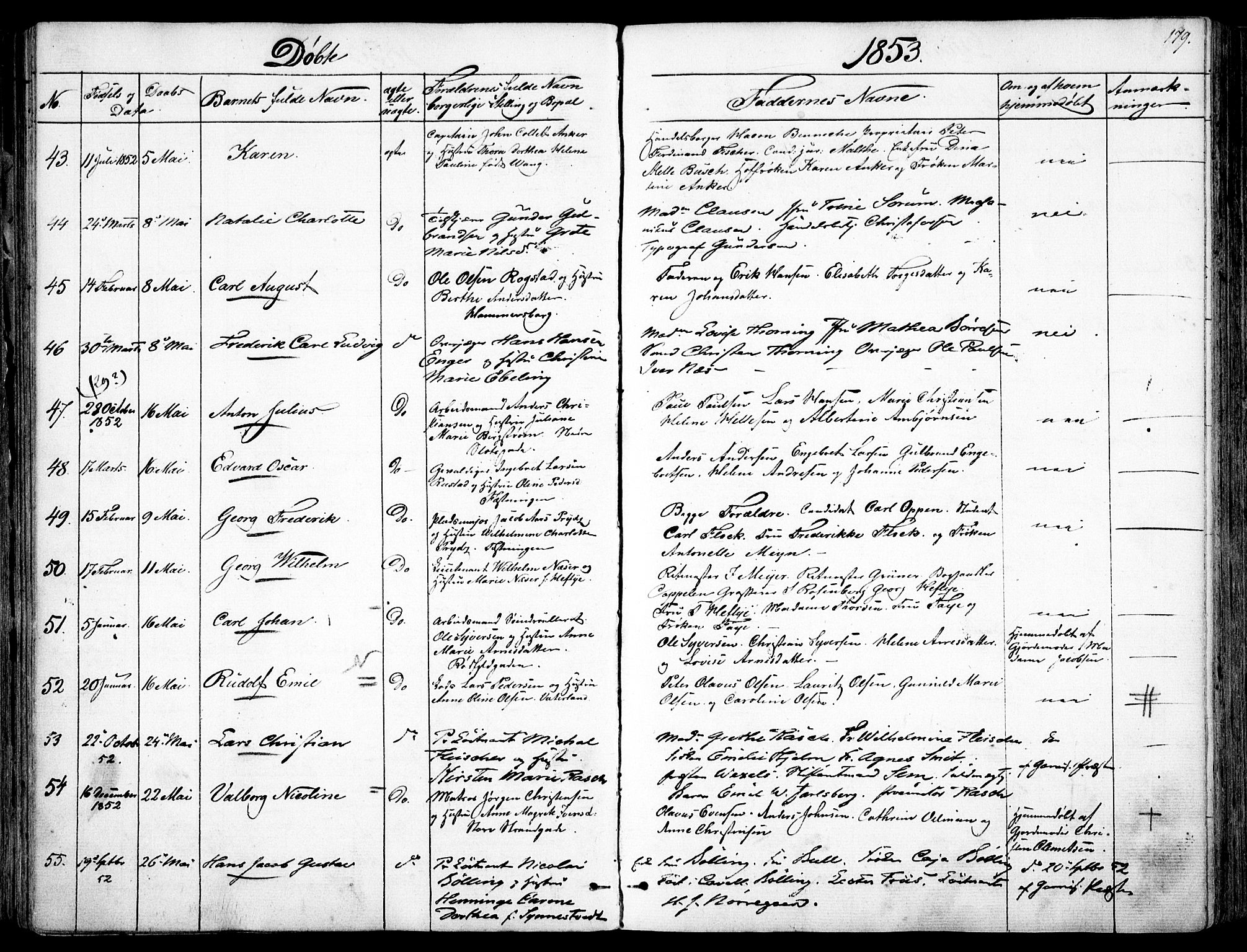 Garnisonsmenigheten Kirkebøker, SAO/A-10846/F/Fa/L0008: Ministerialbok nr. 8, 1842-1859, s. 179