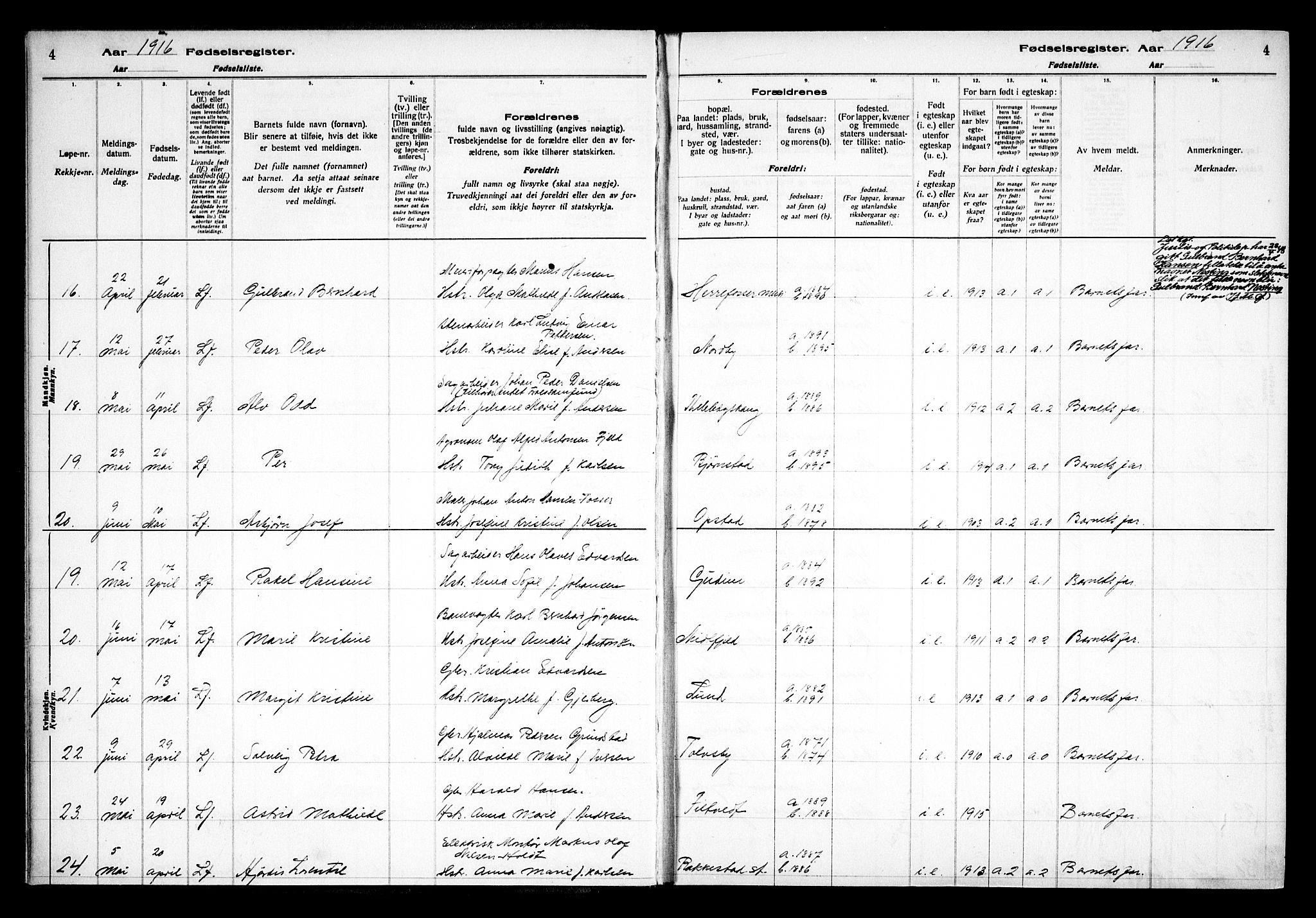 Rakkestad prestekontor Kirkebøker, AV/SAO-A-2008/J/Ja/L0001: Fødselsregister nr. I 1, 1916-1936, s. 4