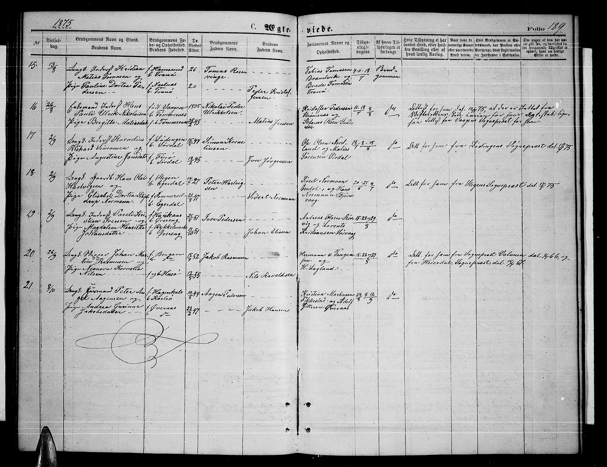 Ministerialprotokoller, klokkerbøker og fødselsregistre - Nordland, AV/SAT-A-1459/859/L0858: Klokkerbok nr. 859C04, 1873-1886, s. 189