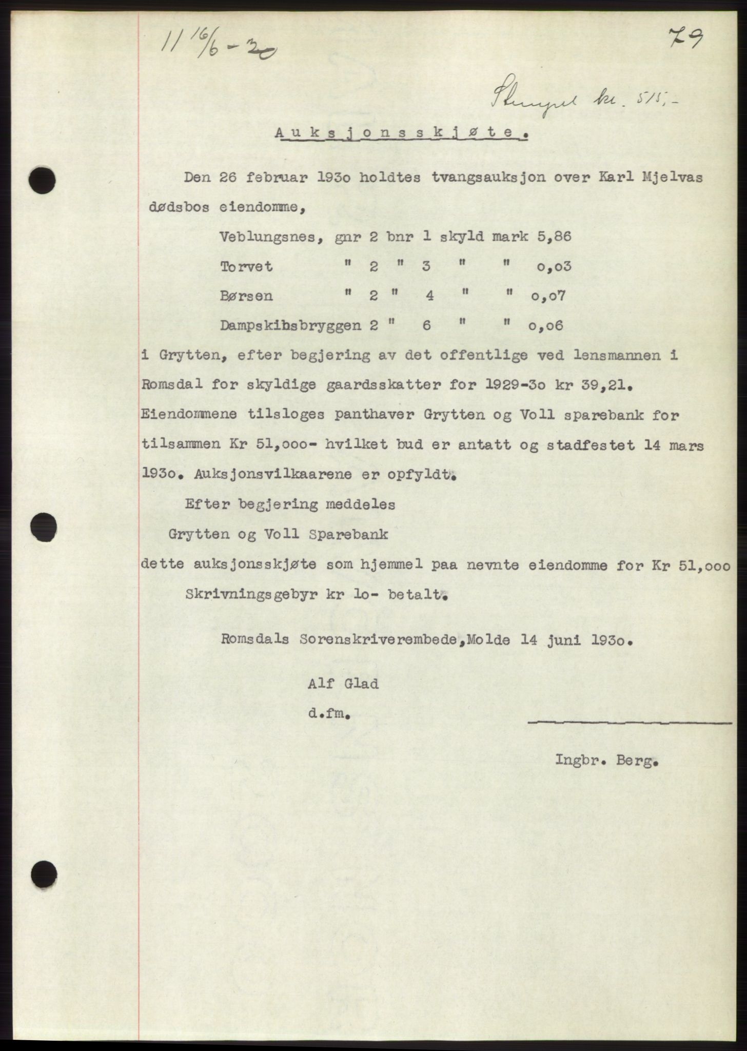 Romsdal sorenskriveri, SAT/A-4149/1/2/2C/L0058: Pantebok nr. 52, 1930-1930, Tingl.dato: 16.06.1930
