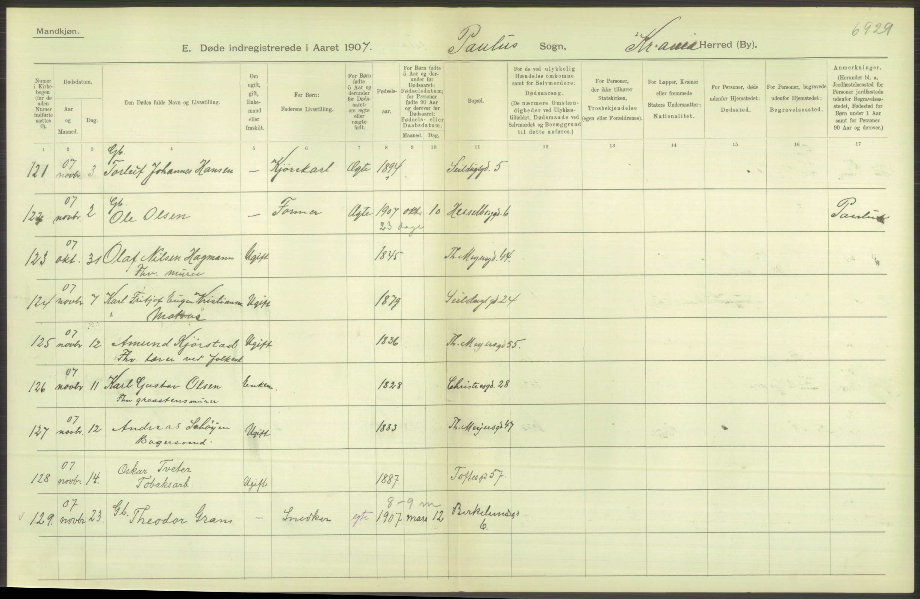 Statistisk sentralbyrå, Sosiodemografiske emner, Befolkning, AV/RA-S-2228/D/Df/Dfa/Dfae/L0010: Kristiania: Døde, dødfødte, 1907, s. 284