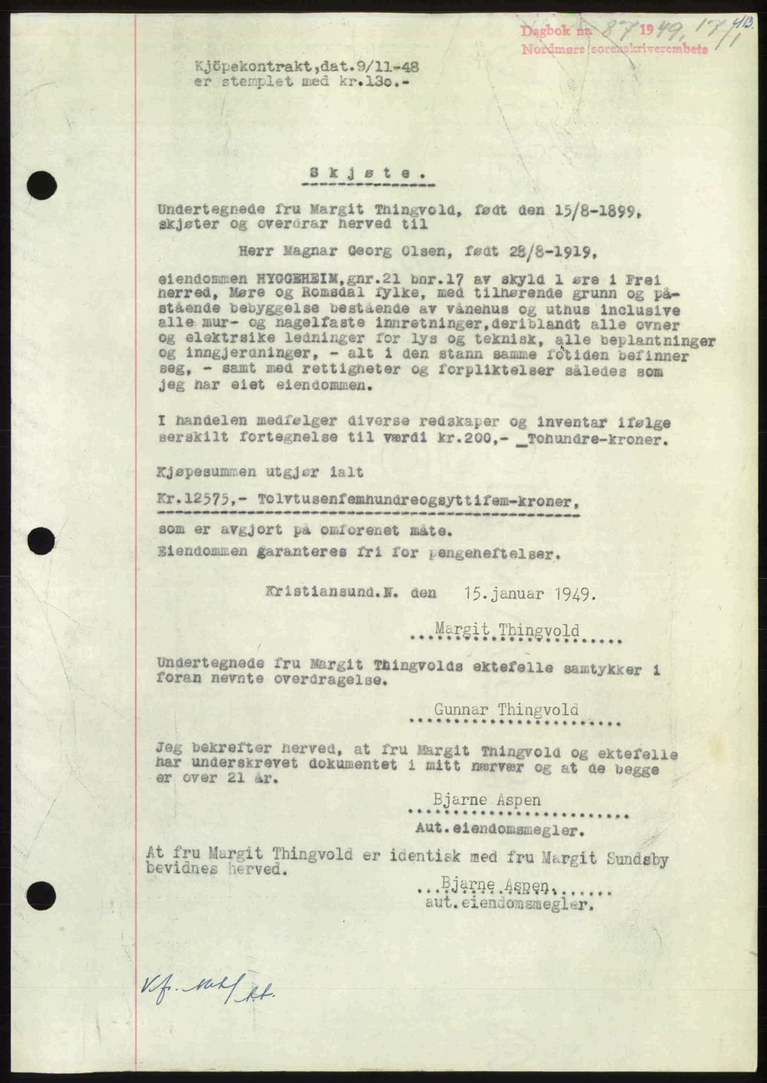 Nordmøre sorenskriveri, SAT/A-4132/1/2/2Ca: Pantebok nr. A110, 1948-1949, Dagboknr: 87/1949