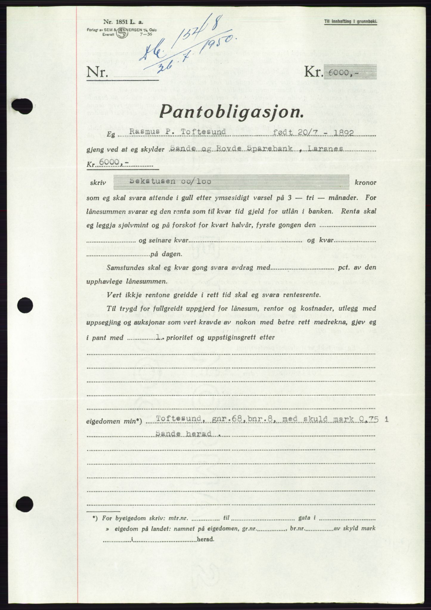 Søre Sunnmøre sorenskriveri, AV/SAT-A-4122/1/2/2C/L0119: Pantebok nr. 7B, 1950-1951, Dagboknr: 1548/1950