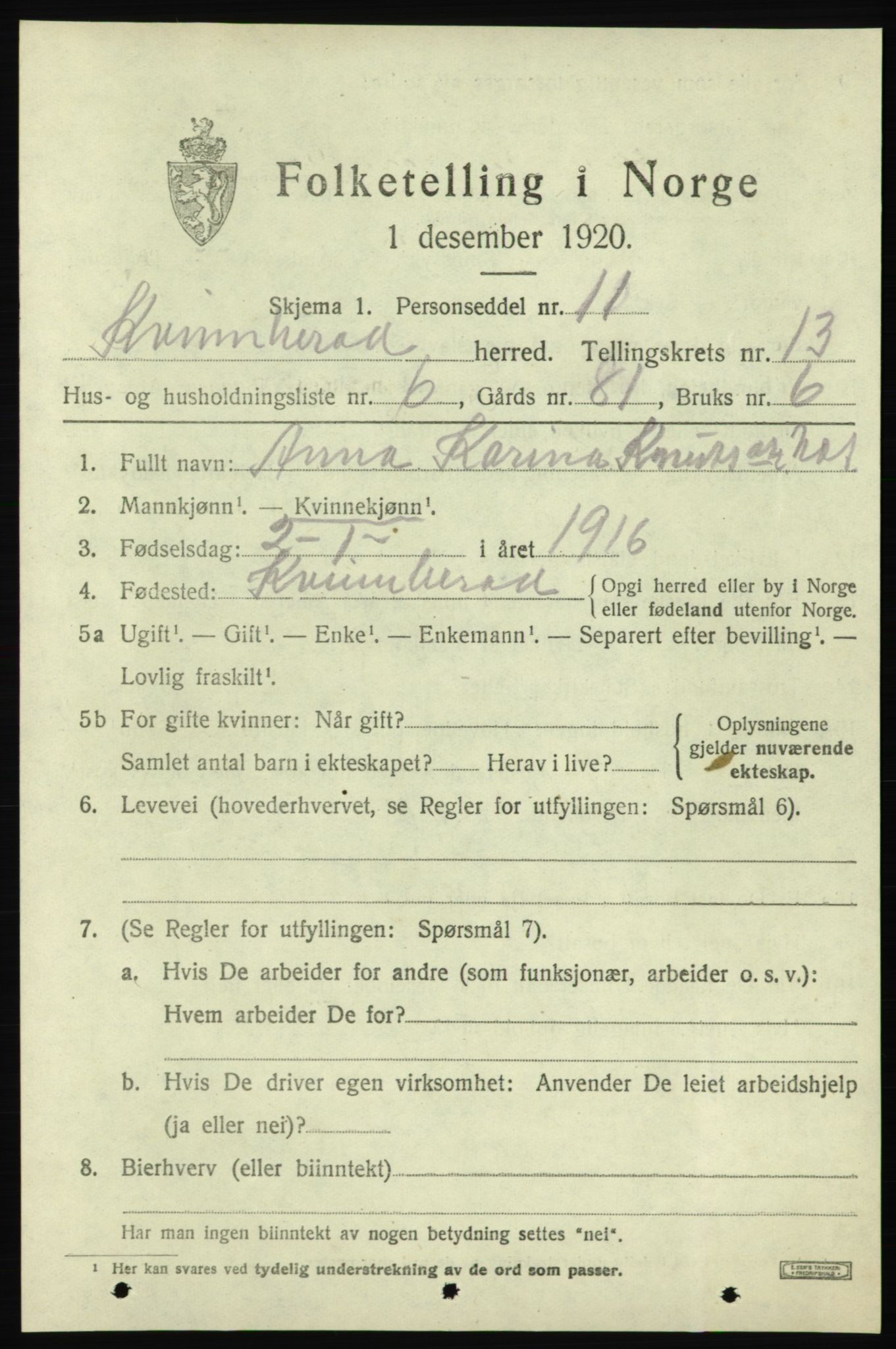 SAB, Folketelling 1920 for 1224 Kvinnherad herred, 1920, s. 7698