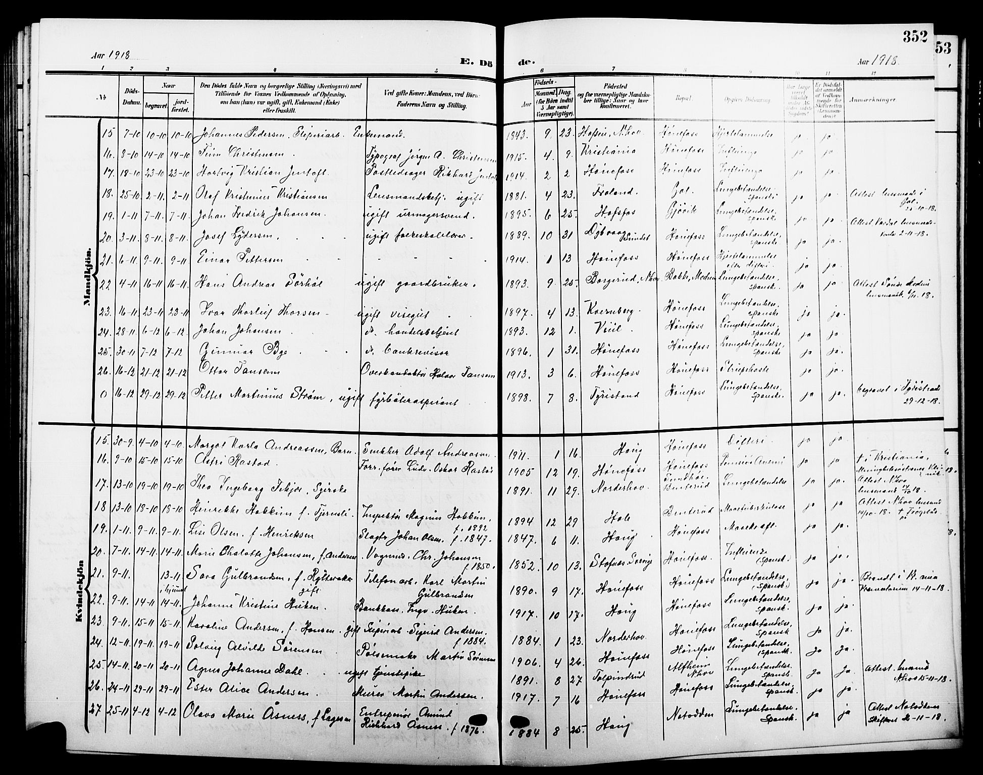 Hønefoss kirkebøker, AV/SAKO-A-609/G/Ga/L0003: Klokkerbok nr. 3, 1905-1925, s. 352
