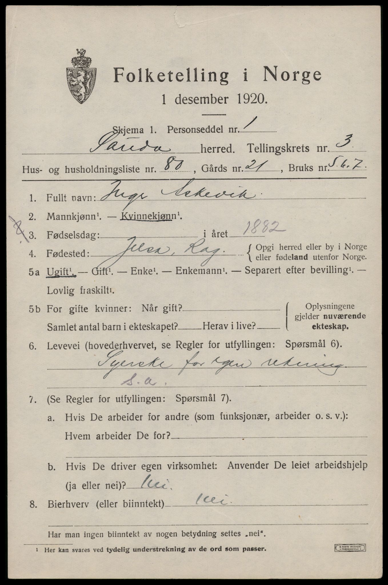 SAST, Folketelling 1920 for 1135 Sauda herred, 1920, s. 1722