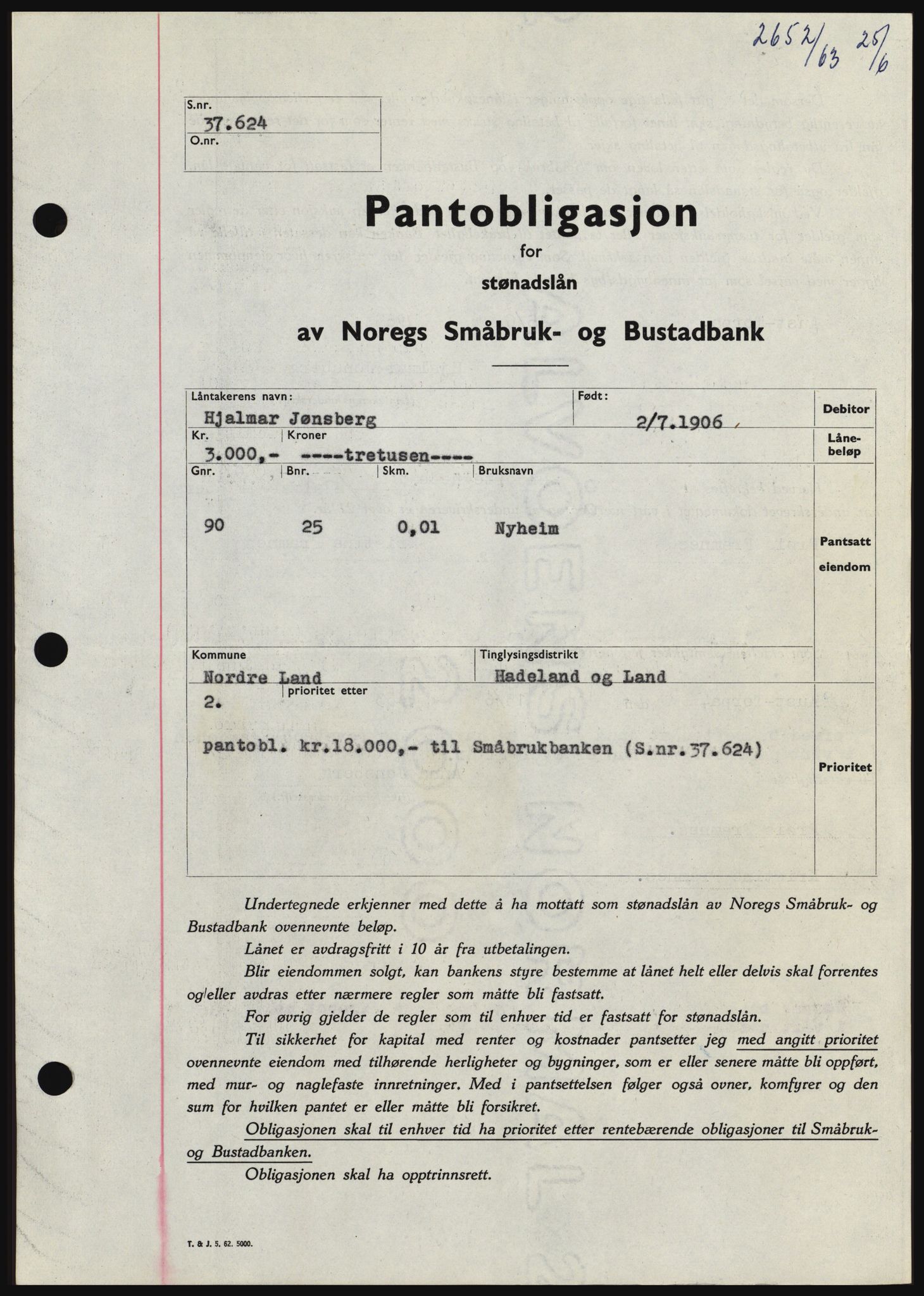 Hadeland og Land tingrett, SAH/TING-010/H/Hb/Hbc/L0052: Pantebok nr. B52, 1963-1963, Dagboknr: 2652/1963