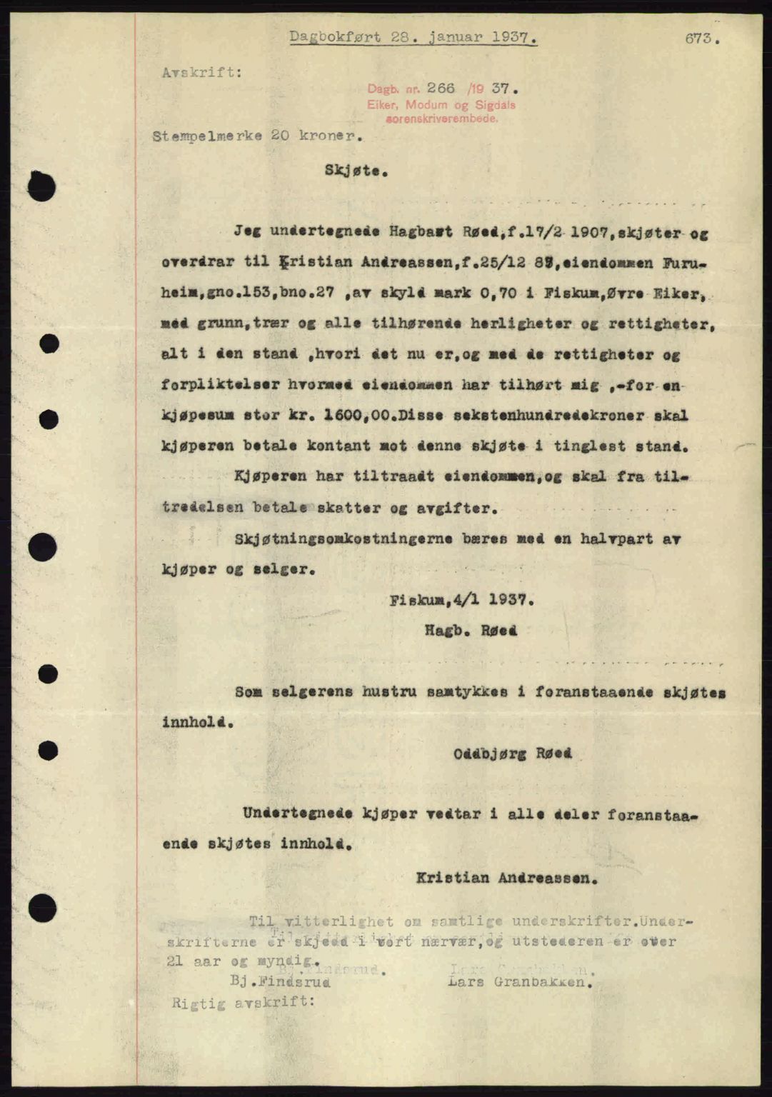 Eiker, Modum og Sigdal sorenskriveri, SAKO/A-123/G/Ga/Gab/L0034: Pantebok nr. A4, 1936-1937, Dagboknr: 266/1937