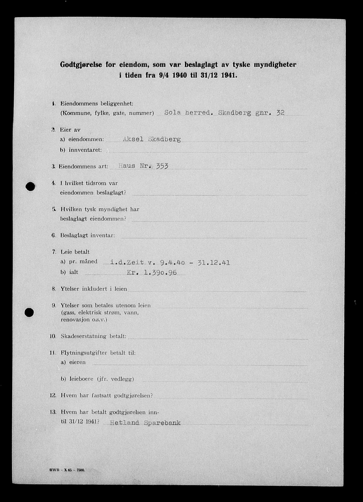 Justisdepartementet, Tilbakeføringskontoret for inndratte formuer, AV/RA-S-1564/I/L1015: Godtgjørelse for beslaglagt eiendom, 1940-1941, s. 160