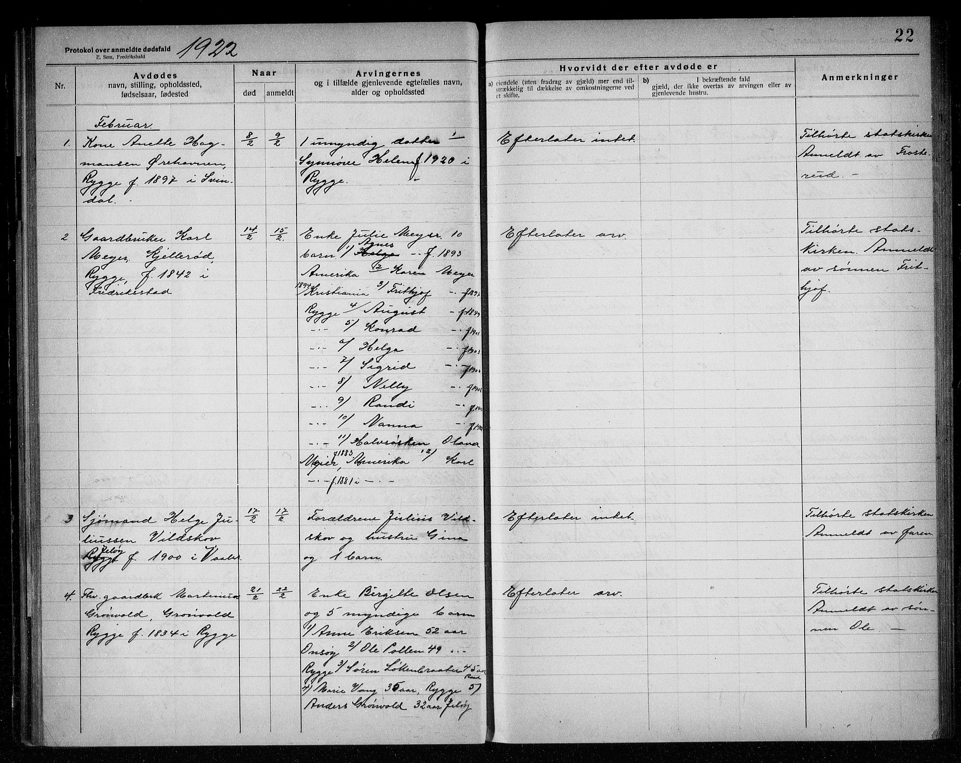 Rygge lensmannskontor, AV/SAO-A-10005/H/Ha/Haa/L0007: Dødsfallsprotokoll, 1920-1925, s. 22