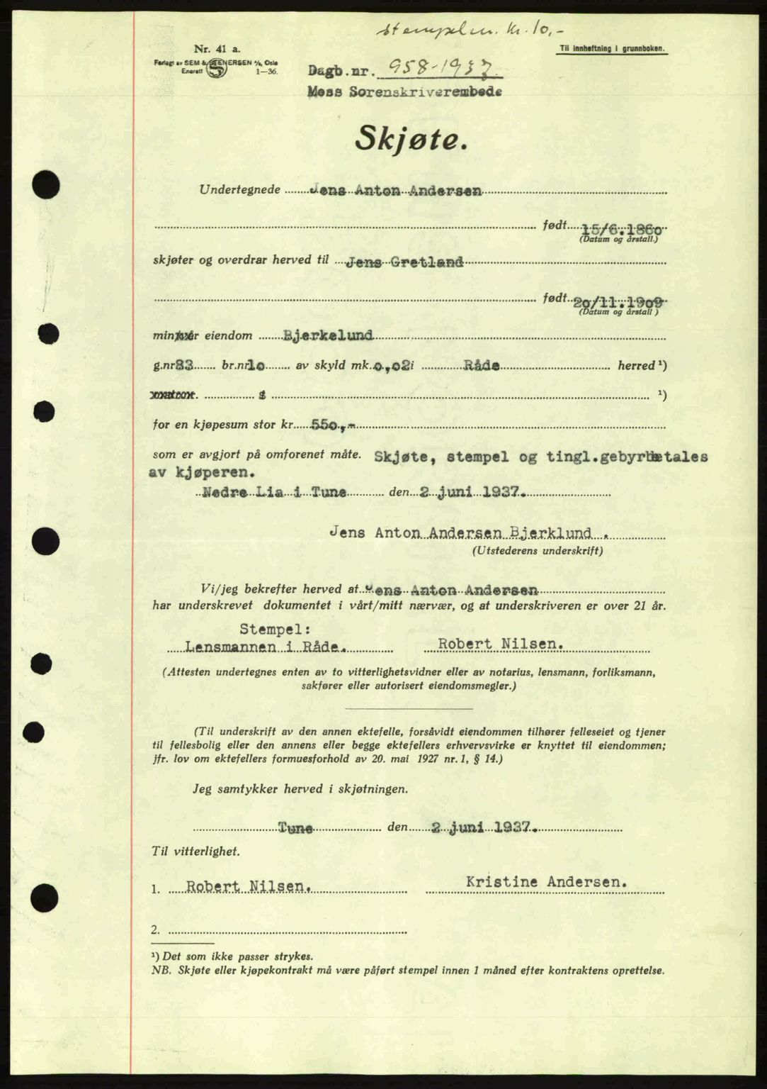 Moss sorenskriveri, SAO/A-10168: Pantebok nr. A3, 1937-1938, Dagboknr: 958/1937