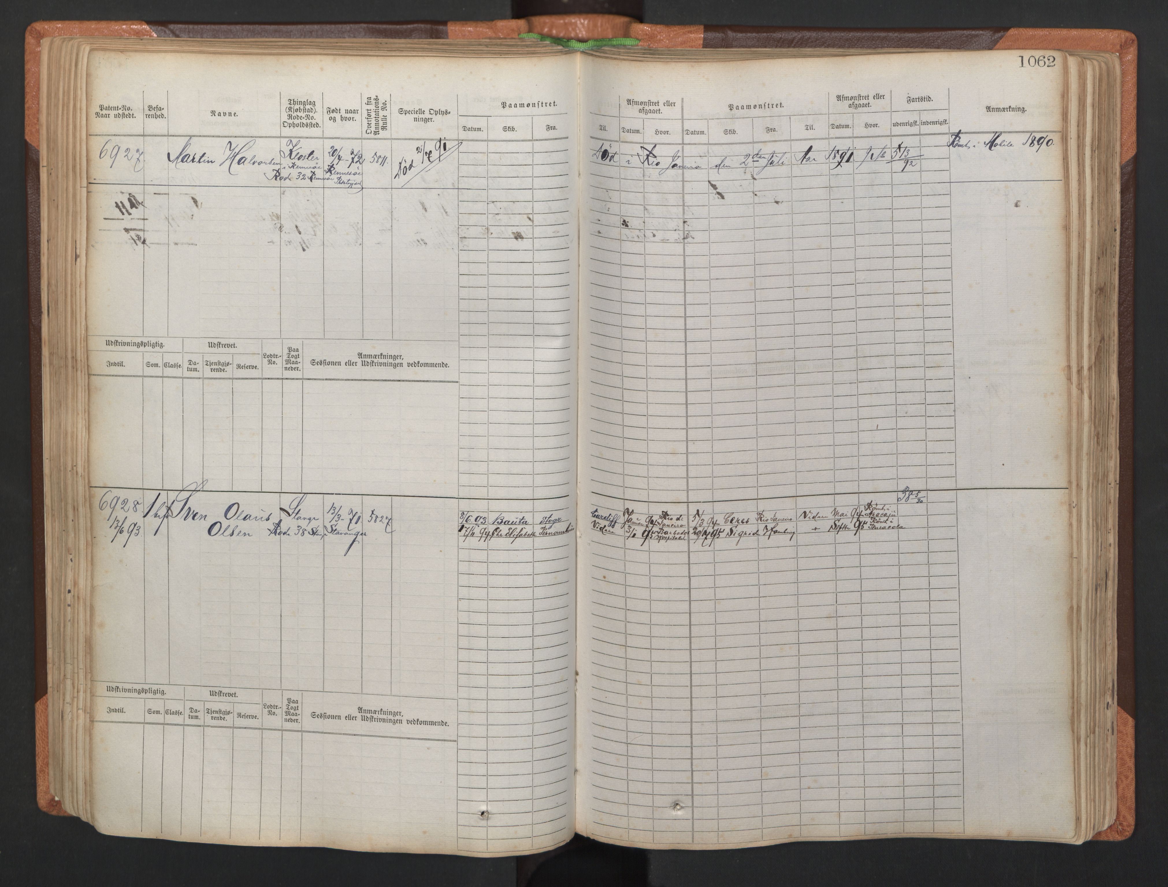 Stavanger sjømannskontor, AV/SAST-A-102006/F/Fb/Fbb/L0011: Sjøfartshovedrulle, patentnr. 6607-7206 (del 2), 1887-1896, s. 165