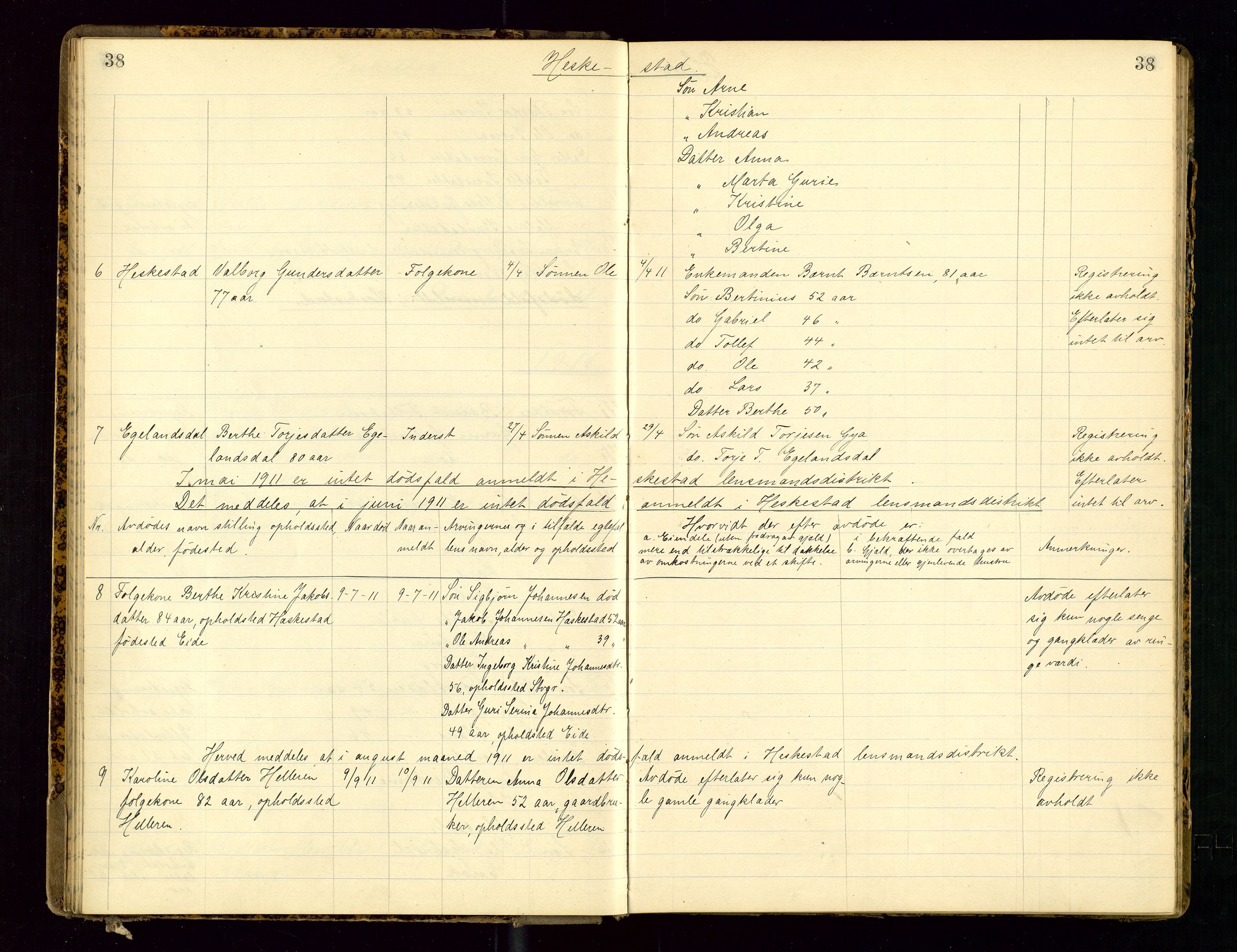 Dalane sorenskriveri, AV/SAST-A-100309/001/5/52/L0001: DØDSFALLPROTOKOLL, 1904-1911, s. 38