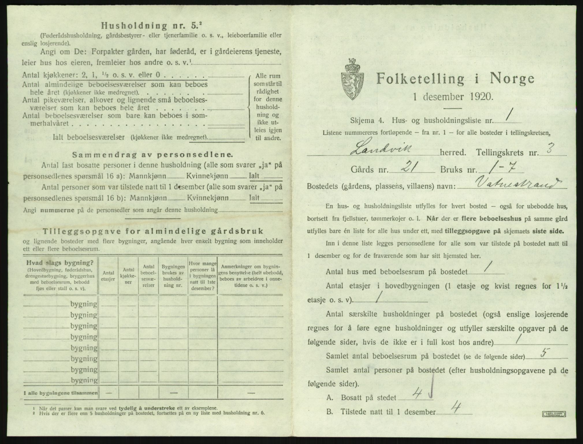 SAK, Folketelling 1920 for 0924 Landvik herred, 1920, s. 528