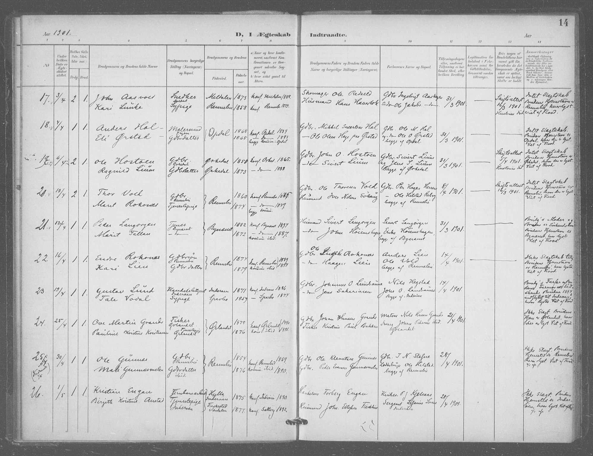 Ministerialprotokoller, klokkerbøker og fødselsregistre - Sør-Trøndelag, SAT/A-1456/601/L0077: Residerende kapellans bok nr. 601B10, 1900-1907, s. 14