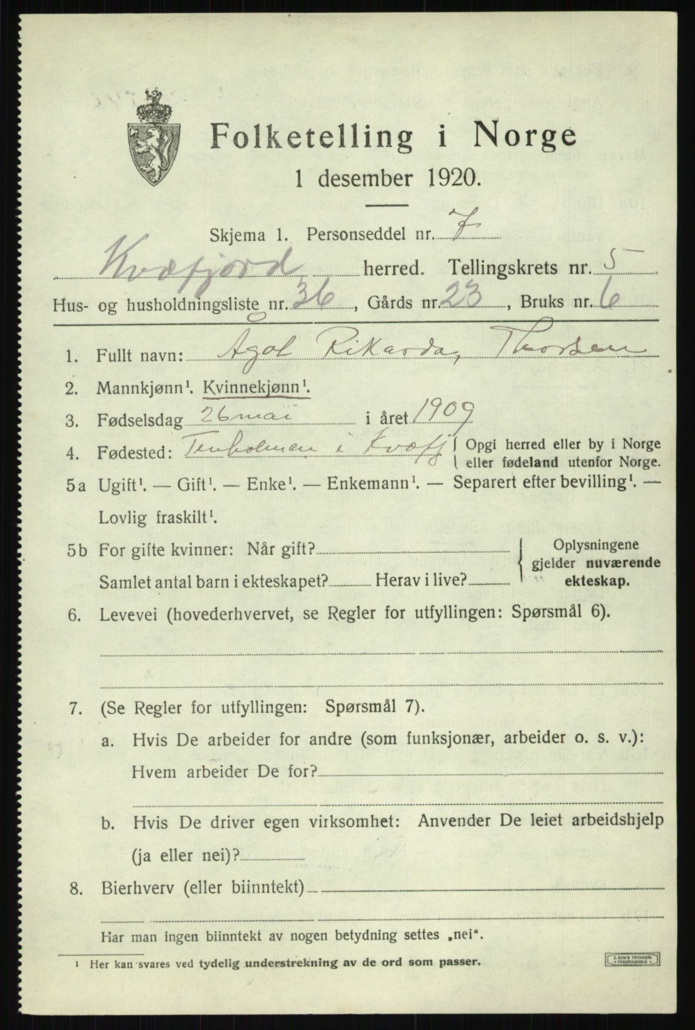 SATØ, Folketelling 1920 for 1911 Kvæfjord herred, 1920, s. 3075