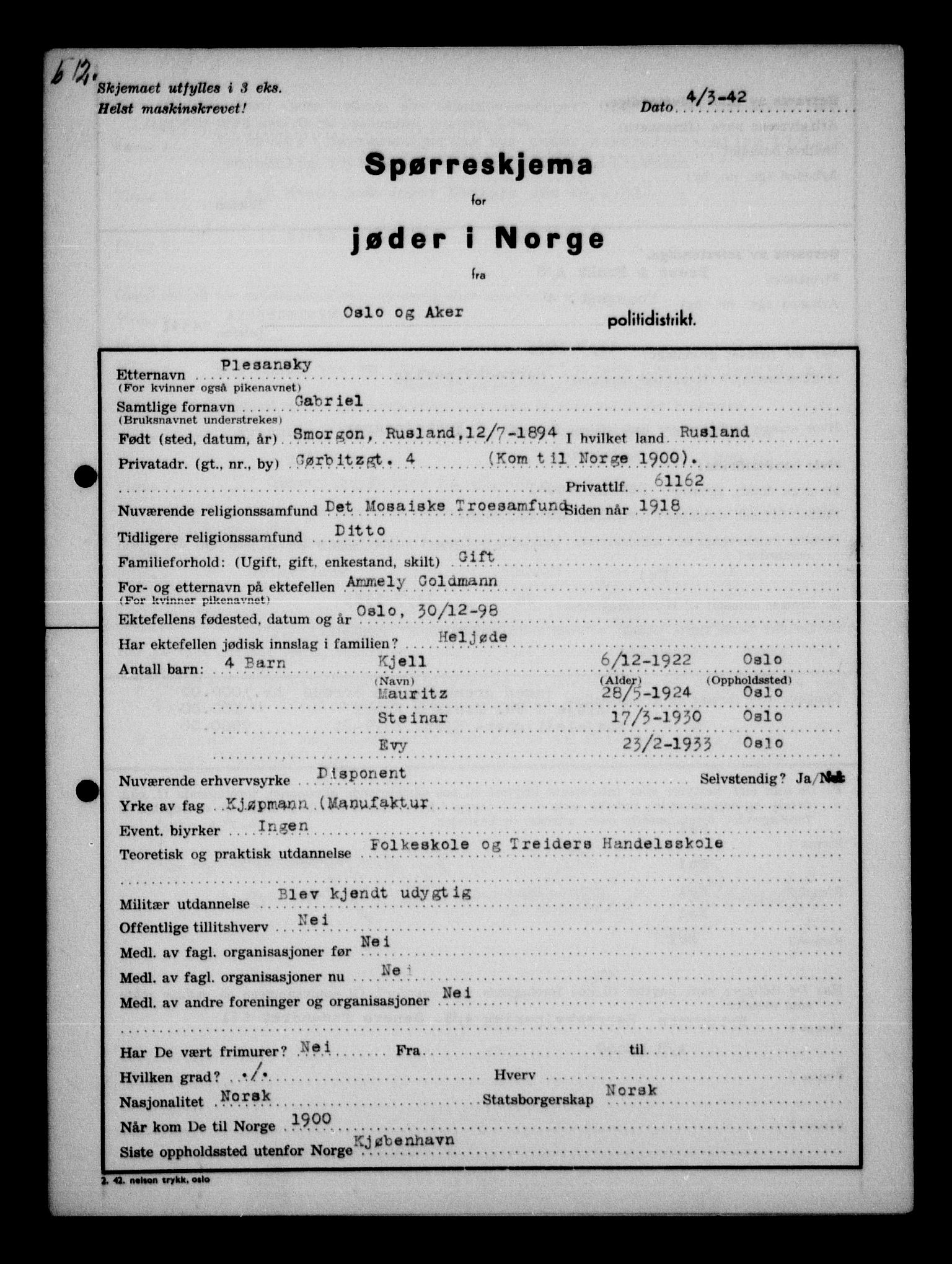 Statspolitiet - Hovedkontoret / Osloavdelingen, AV/RA-S-1329/G/Ga/L0011: Spørreskjema for jøder i Norge. 1: Oslo 610-806 (Plavnik-Zwillinger). 2: Aker 1-113 (Adler-Lewin). , 1942, s. 9