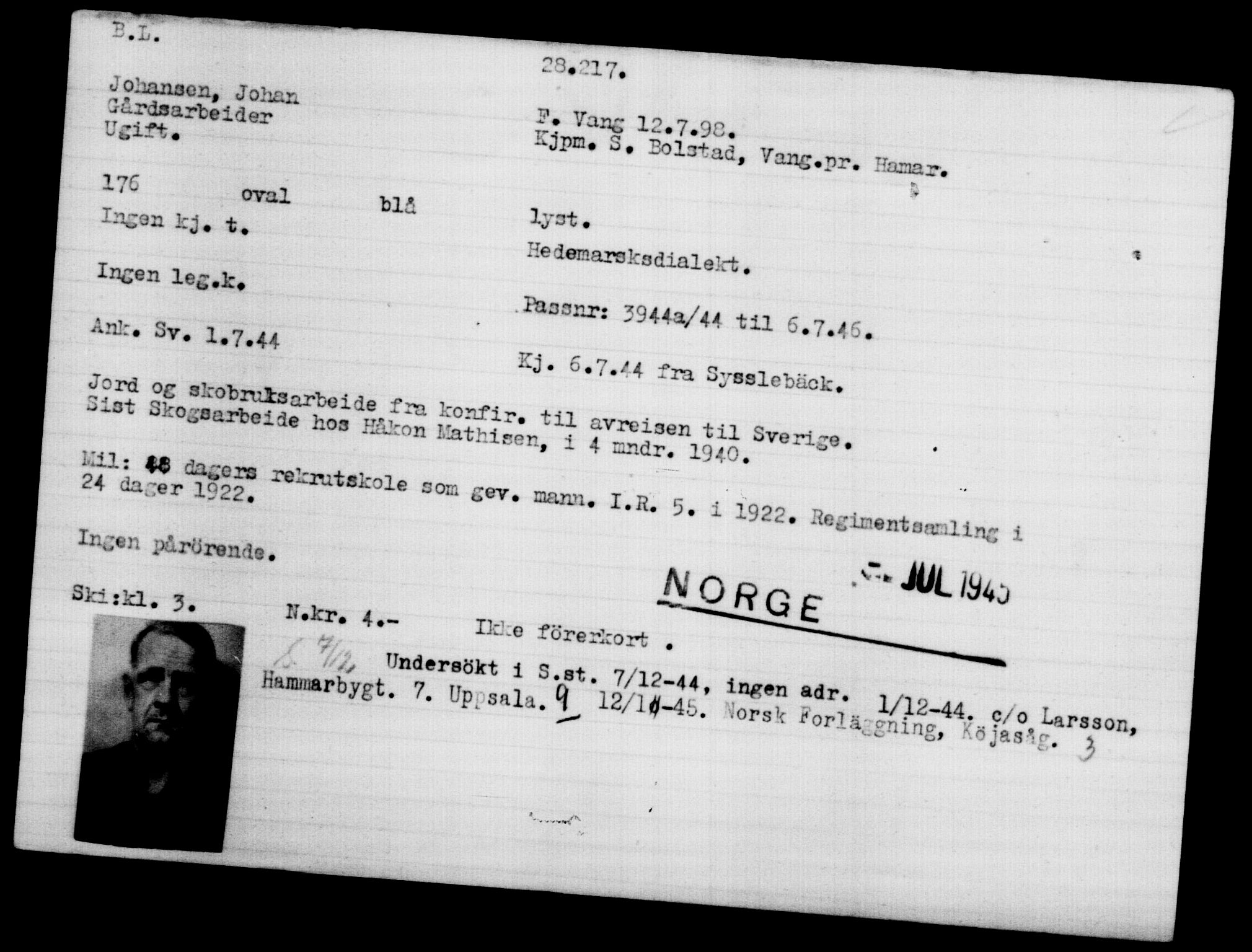 Utenriksstasjonene, Legasjonen i Stockholm, Flyktningkontoret, AV/RA-S-6753/V/Va/L0011: Kjesäterkartoteket, flyktninger med registreringsnr. 25300-28349, 1940-1945, s. 3103