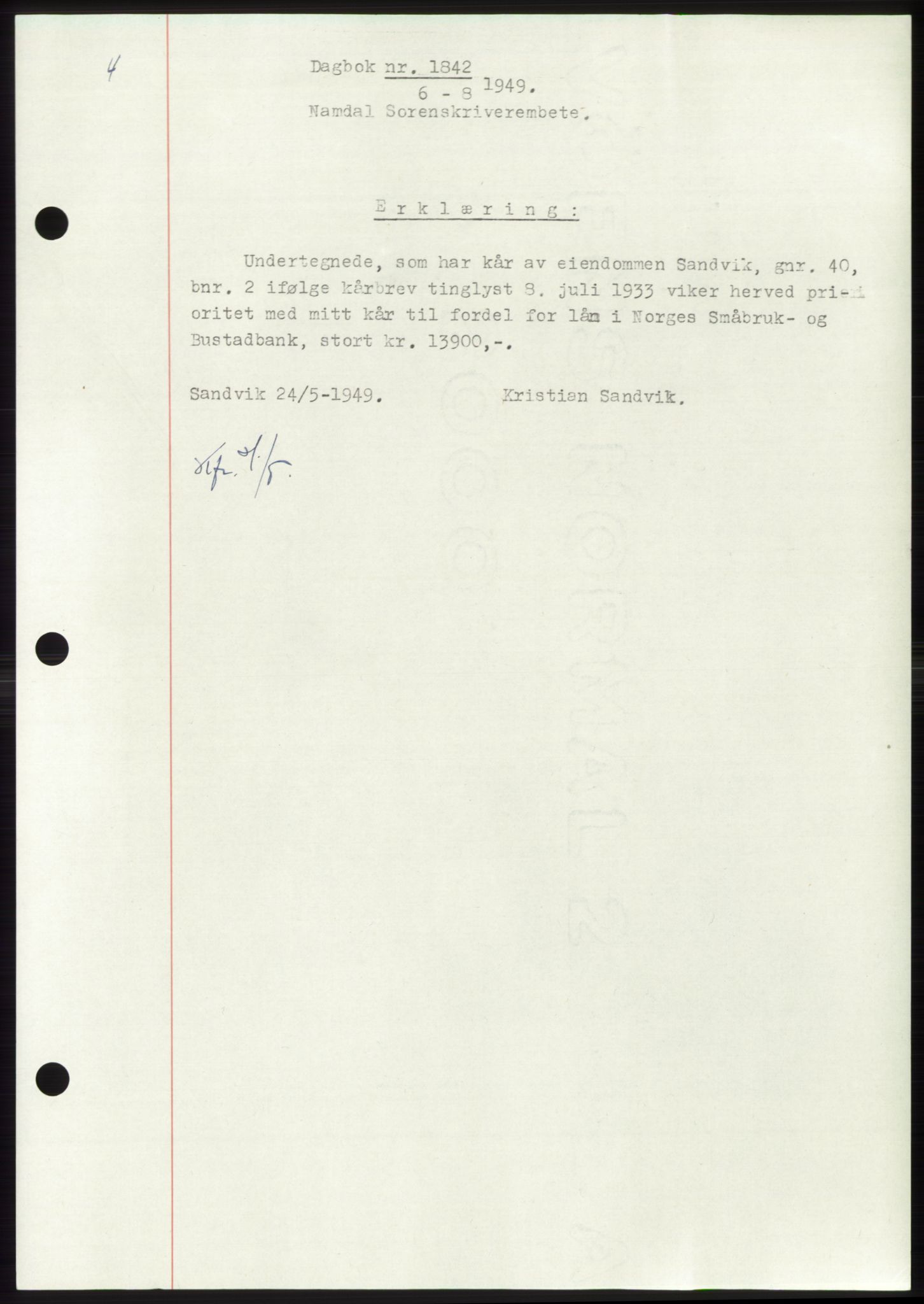 Namdal sorenskriveri, SAT/A-4133/1/2/2C: Pantebok nr. -, 1949-1949, Dagboknr: 1842/1949