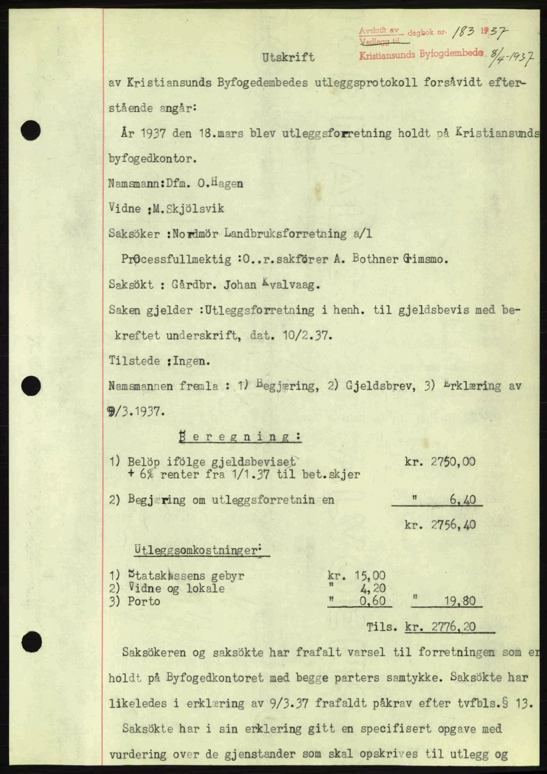 Kristiansund byfogd, SAT/A-4587/A/27: Pantebok nr. 29, 1936-1937, Dagboknr: 183/1937