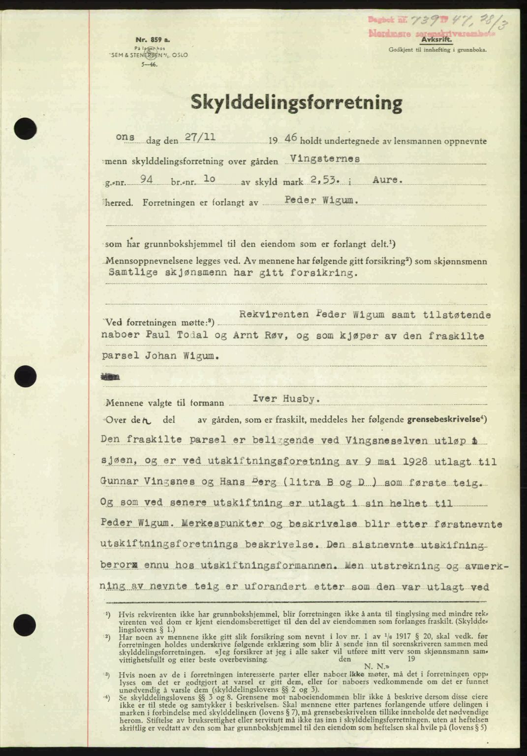 Nordmøre sorenskriveri, SAT/A-4132/1/2/2Ca: Pantebok nr. A104, 1947-1947, Dagboknr: 739/1947