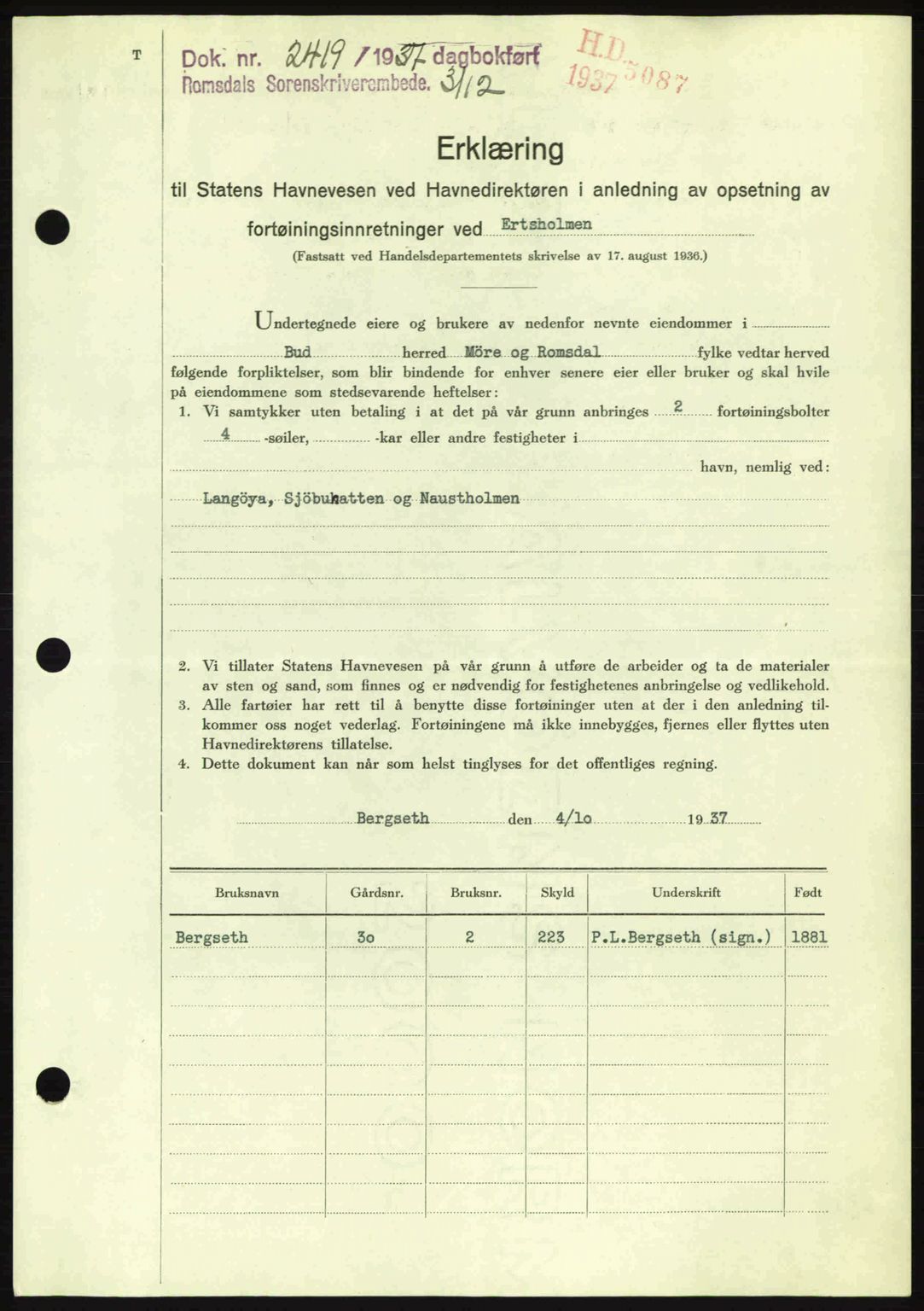 Romsdal sorenskriveri, AV/SAT-A-4149/1/2/2C: Pantebok nr. A4, 1937-1938, Dagboknr: 2419/1937