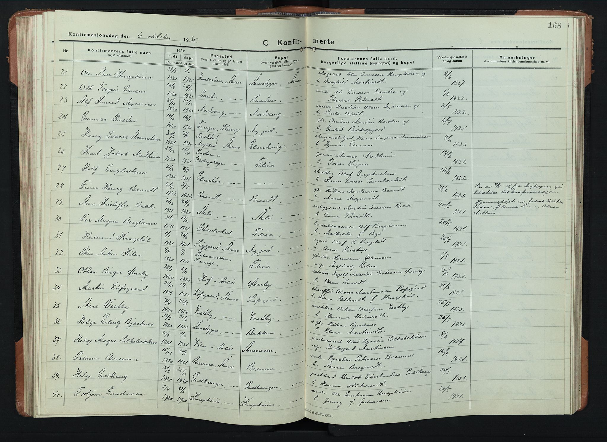 Åsnes prestekontor, AV/SAH-PREST-042/H/Ha/Hab/L0008: Klokkerbok nr. 8, 1927-1942, s. 168