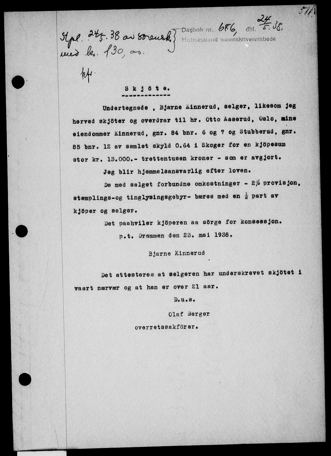 Holmestrand sorenskriveri, SAKO/A-67/G/Ga/Gaa/L0049: Pantebok nr. A-49, 1937-1938, Dagboknr: 686/1938